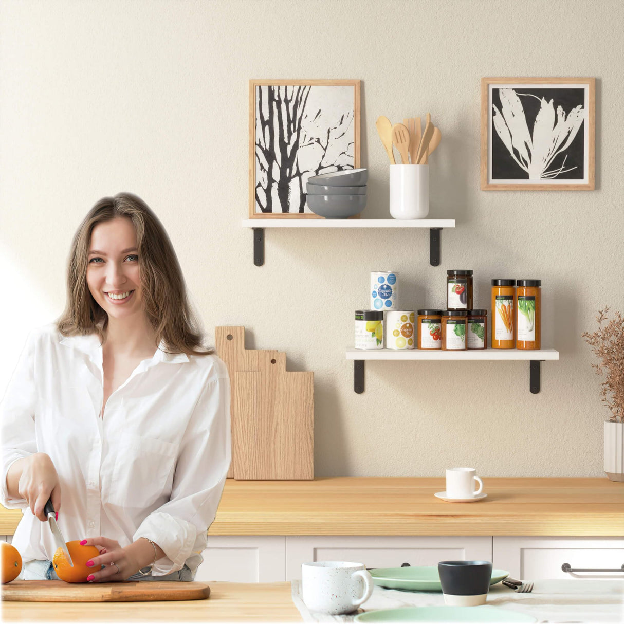 RICHER HOUSE Floating Wall Shelves, Rustic Wood Bathroom Shelves Set of 2, Farmhouse Style Shelf for Décor, Hanging Bedroom, Storage, Kitchen, Living Room - White RICHER HOUSE
