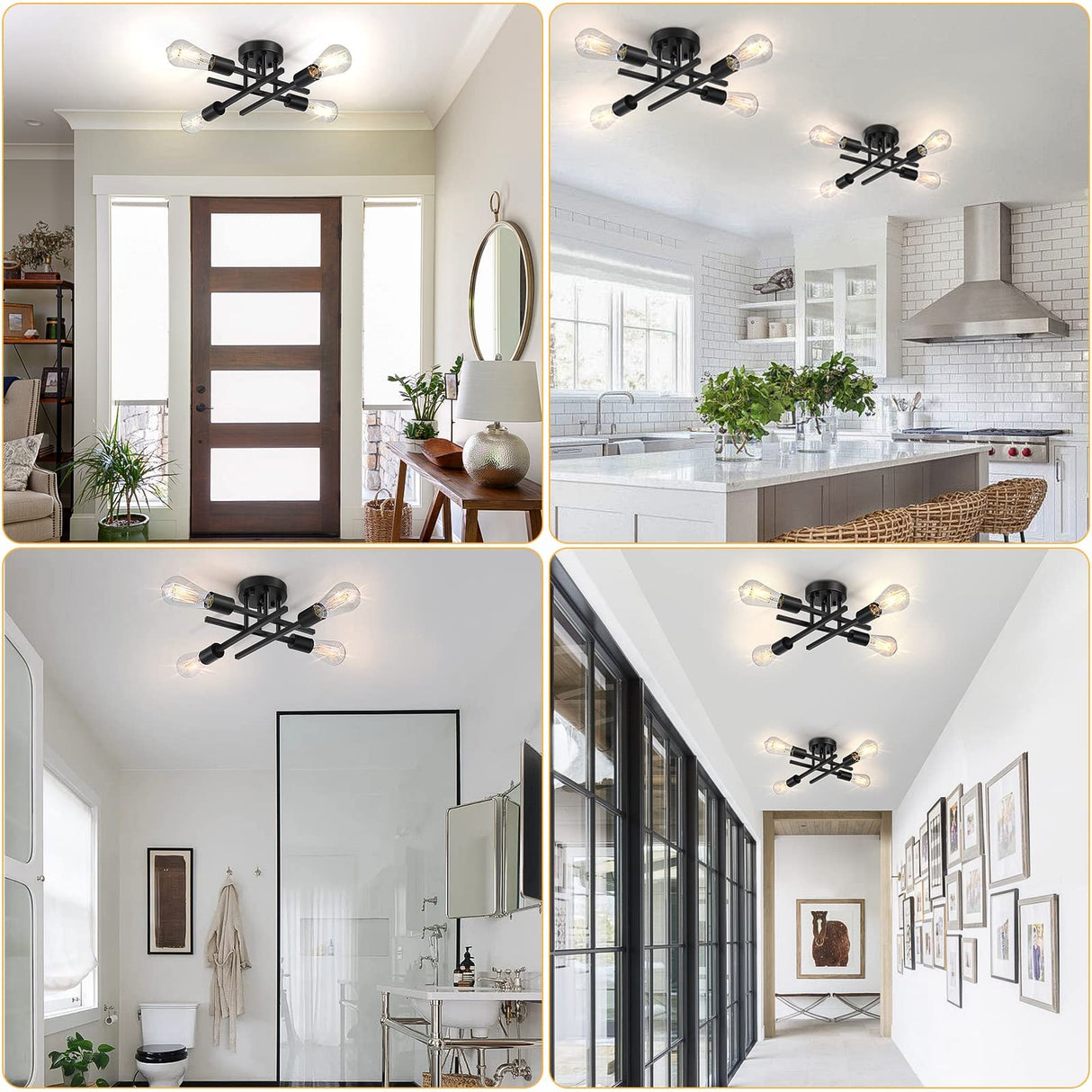 SunRider Industrial 4-Light Semi Flush Mount Ceiling Light Fixture, Modern Farmhouse Lights Matte Black, Rustic Sputnik Chandelier for Bedroom Foyer SunRider