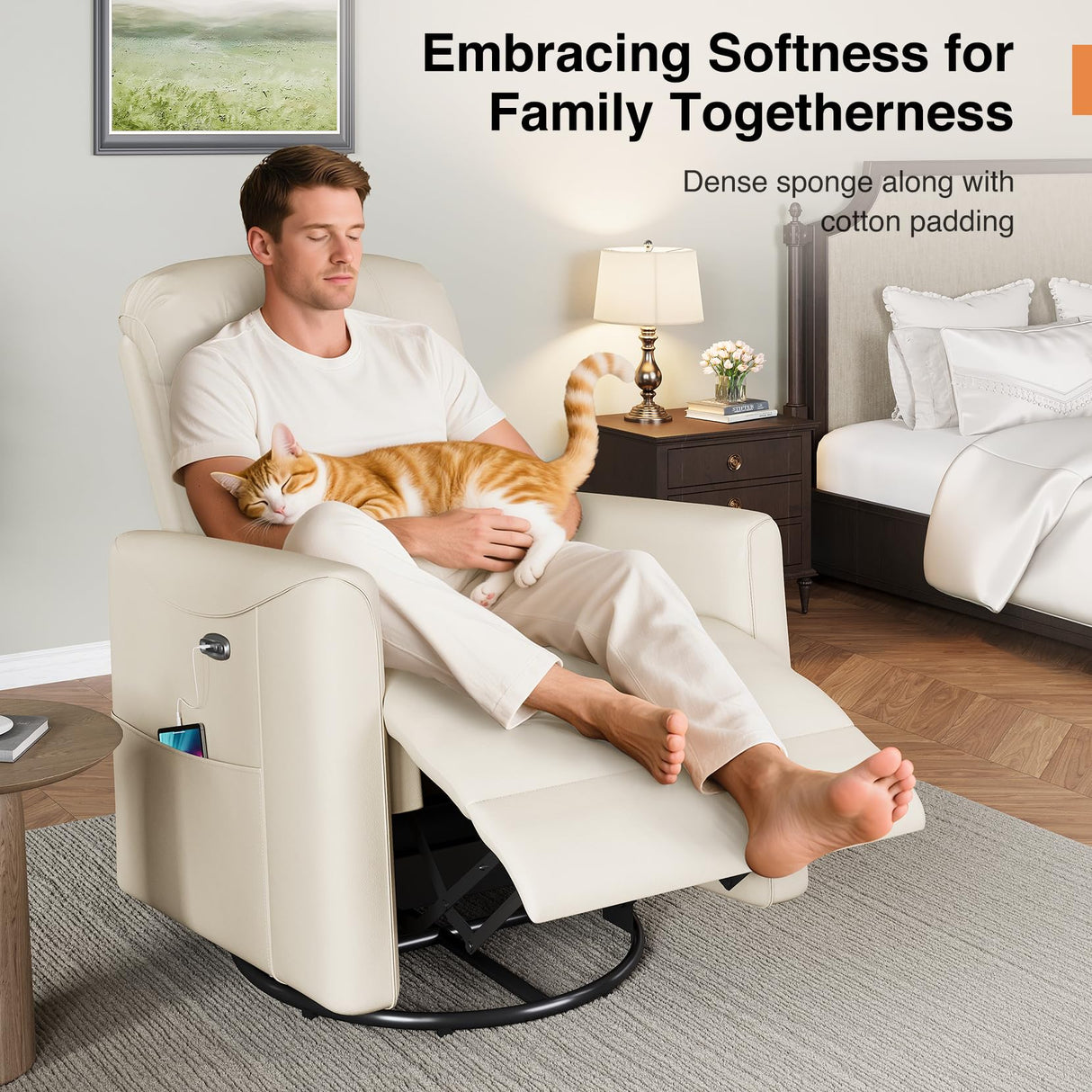 Welzona Power Swivel Rocker Recliner, 360° Swivel Nursery Rocking Chair, PU Leather Glider Rocking Recliner, Infinite Position Electric Chair for Adults with USB Port for Living Room, Beige White Welzona