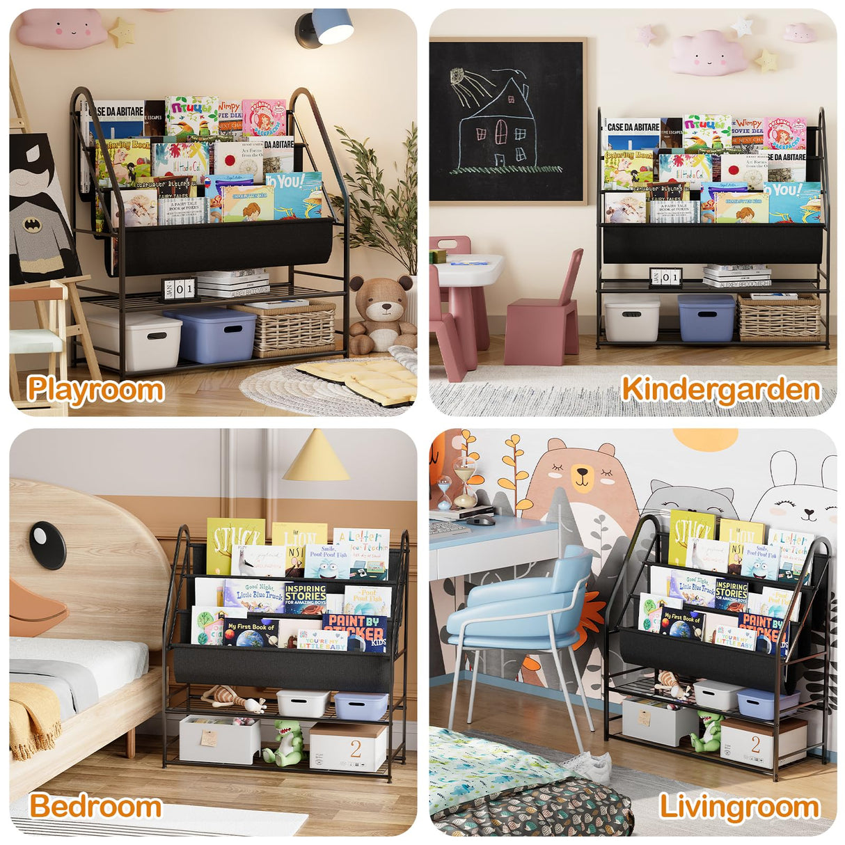 aboxoo Kids Bookshelf Freestanding Bookcase for Children Room, 32 in Book Shelves with 4 Deep Pockets Toy Organizer Large Stable Book Unit Storage for Bookstore Library Living Room,Black aboxoo