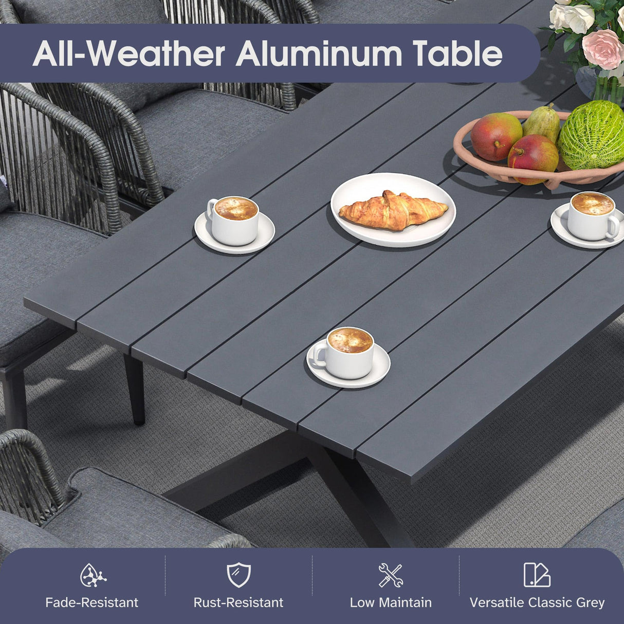 PURPLE LEAF 7 Pieces Patio Dining Set Wicker Outdoor Furniture Rectangular Table and Chairs Set for Garden Deck Aluminum Frame Backyard Kitchen Set, Cushions and Pillows Included Grey PURPLE LEAF