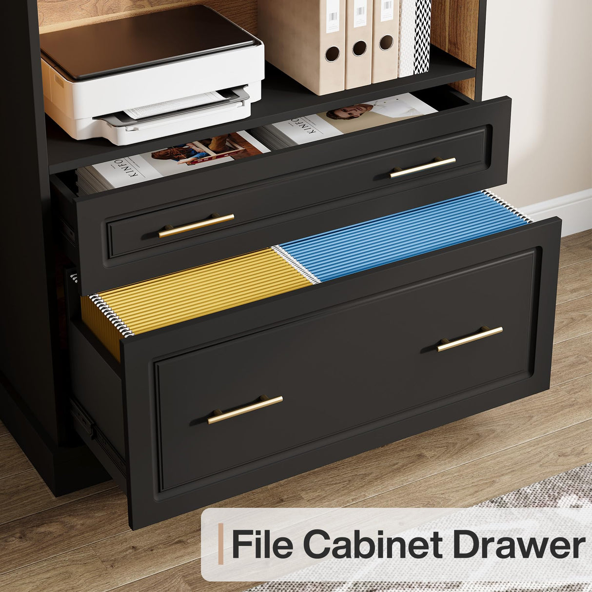 Tribesigns 5-Shelf Bookcase with File Cabinet Drawer, 72" Tall Bookshelf, Modern Free-Standing Wood Bookcase, Large Open Display Storage Book Shelf for Living Room (1, Black) Tribesigns