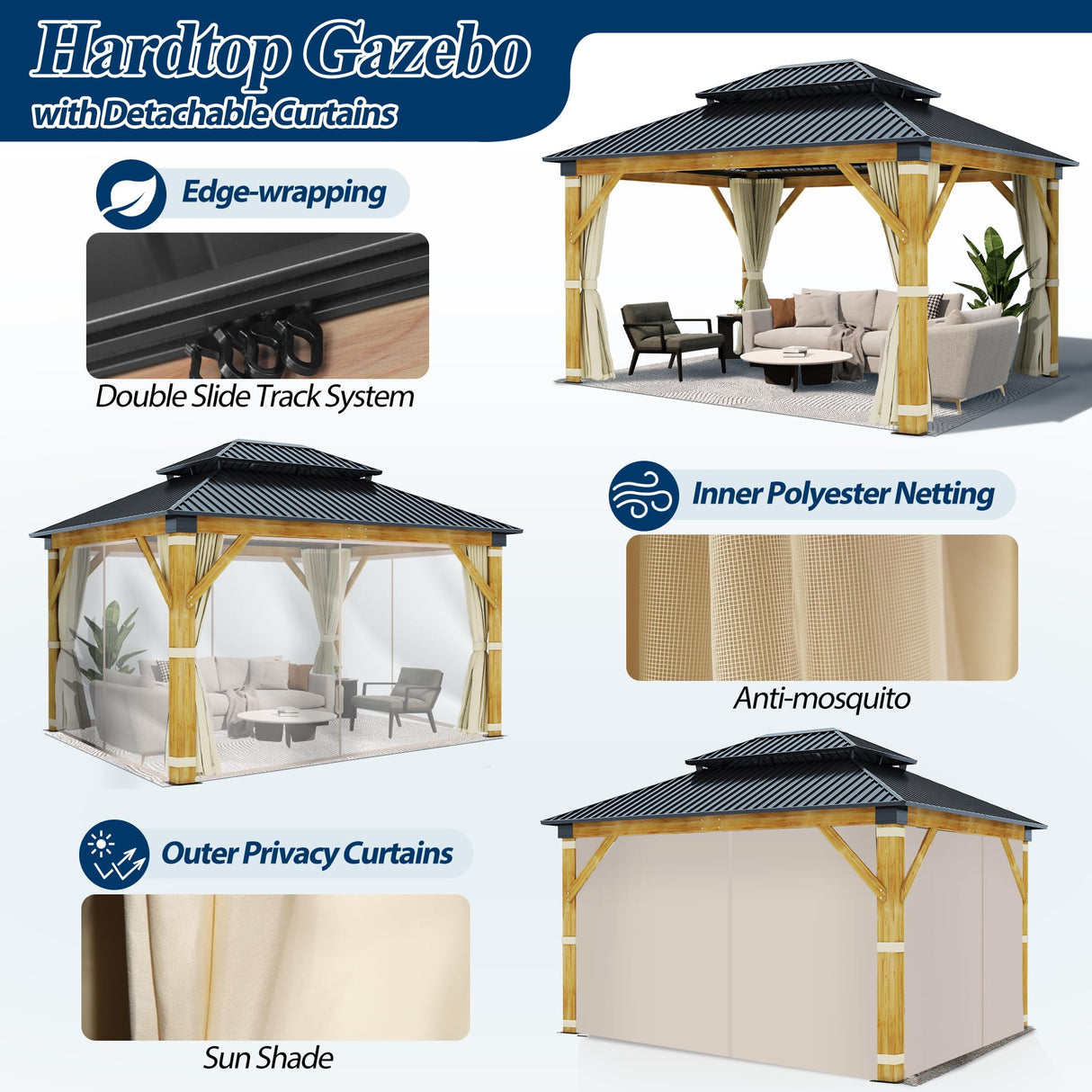 COVERONICS 11FT x 13FT Outdoor Cedar Wooden Gazebo - Patio Wood Frame Gazebo with Galvanized Steel Hardtop, Heavy-Duty Hardtop Gazebo with Netting & Curtains for Garden, Poolside, Deck, Backyard COVERONICS