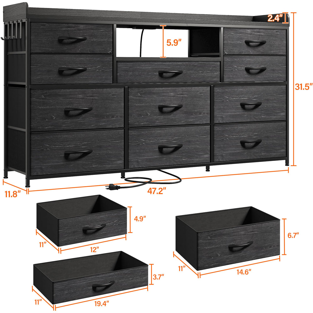 EnHomee Dresser TV Stand with 11 Drawers for 60" TV Stand for Bedroom with LED Lights & Power Outlets Long Dresser for Bedroom with Shelves & 4 Hooks Sturdy Metal Frame & Wood Top, Charcoal Black EnHomee