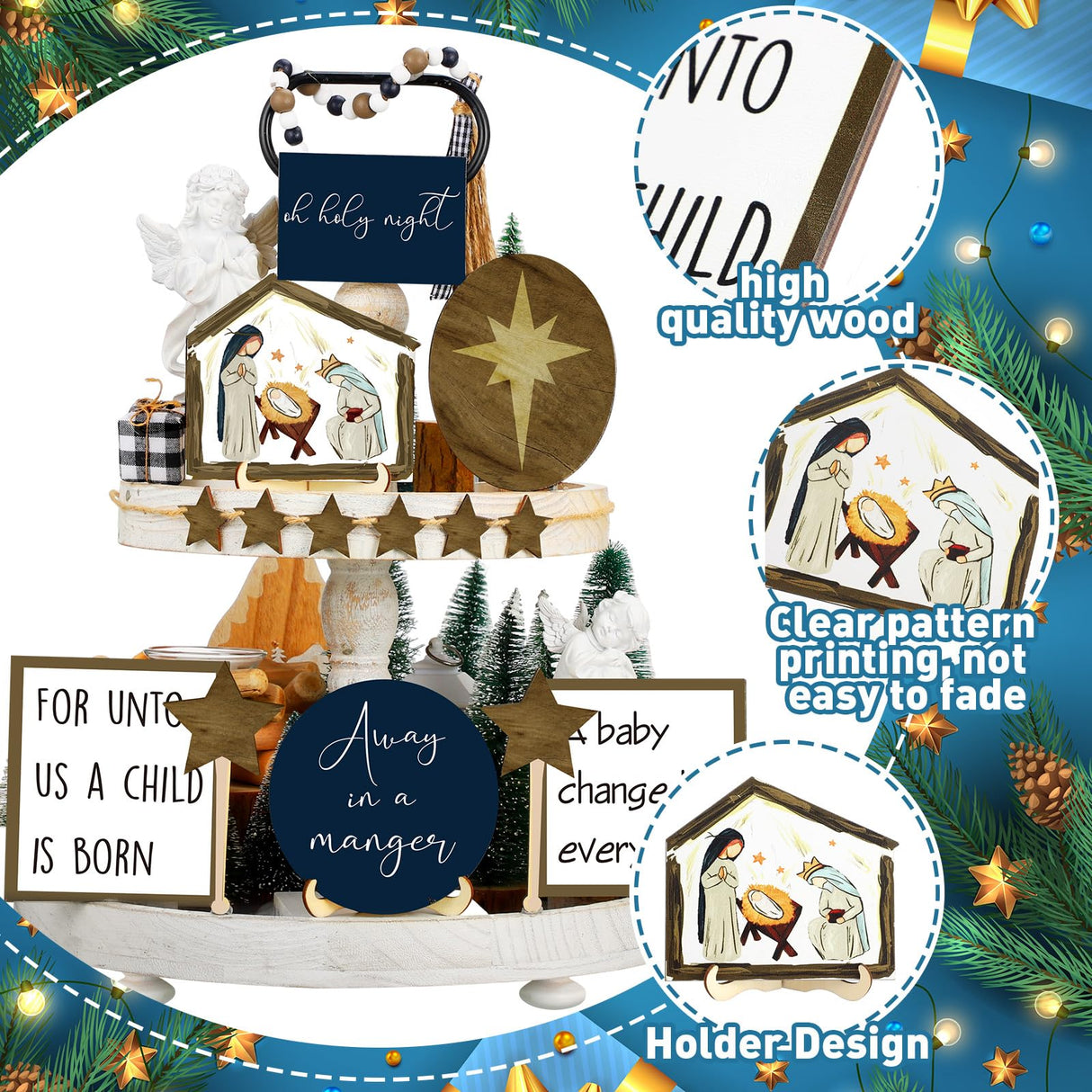 Bucherry Christmas Christian Jesus Nativity Tiered Tray Decor Farmhouse Angels Mangers Jesus' Birth Wooden Christian Decor for Home Table Mantel Bucherry