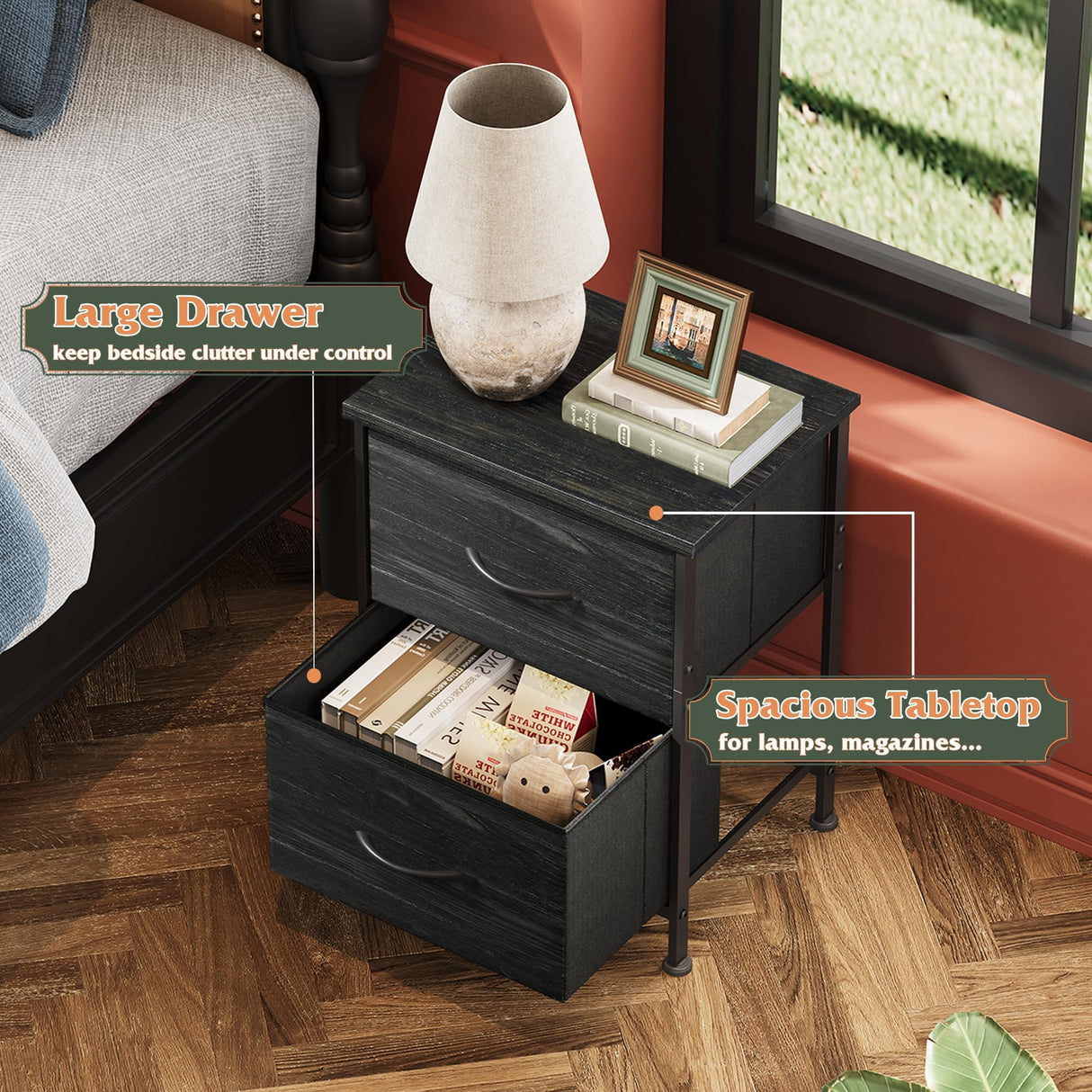 WLIVE Night Stand, Small Dresser with Drawers, Dresser for Bedroom with 2 Fabric Drawer, Black Bedside Table End Table, Dorm Nightstand, Closet Organizer, Charcoal Black Wood Grain Print WLIVE