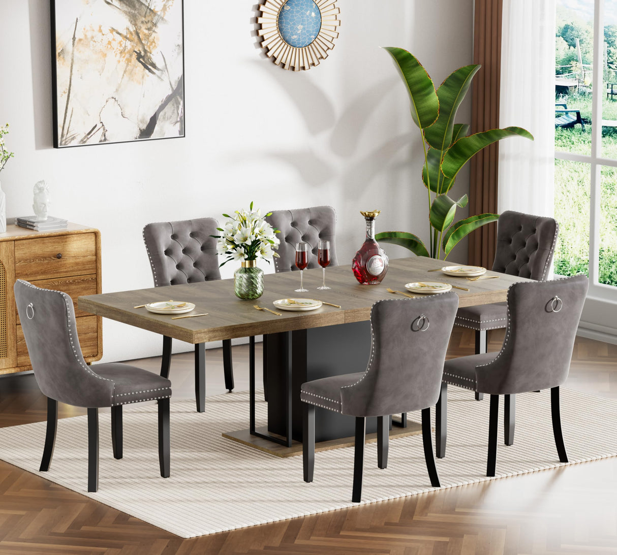 Henf 63"-79" Dining Table Set for 6, 7 Pieces Extendable Dining Table and 6 Grey Tufted Chairs Set for 6, Modern Large Expandable Dining Room Table with Rectangle Wood Top & Black Sturdy Base Henf