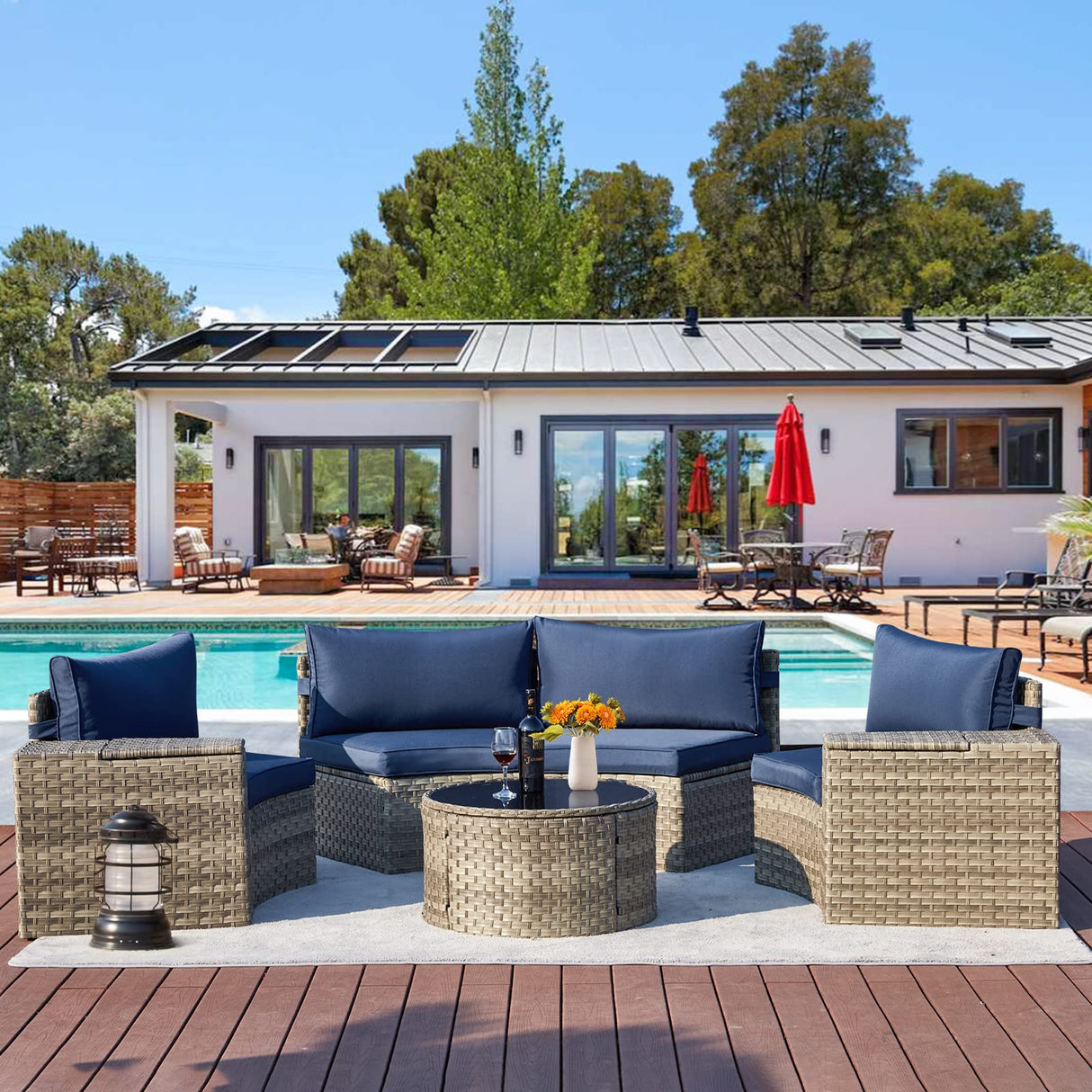 AVAWING Outdoor Sectional Furniture with 2 Storage Side Armrests, 7 Piece Half Moon Patio Set with Tempered Glass Round Coffee Table, All-Weather Gray Wicker, Waterproof Cushions (Blue) AVAWING