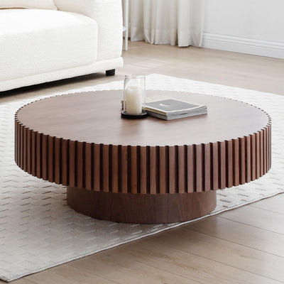 39.37" Round Wood Coffee Table, Modern Unique Circle Coffee Table, Contemporary Oak Drum Fluted Coffee Table Accent Side Table Center Table for Living Room, Office, Apartment, Walnut
