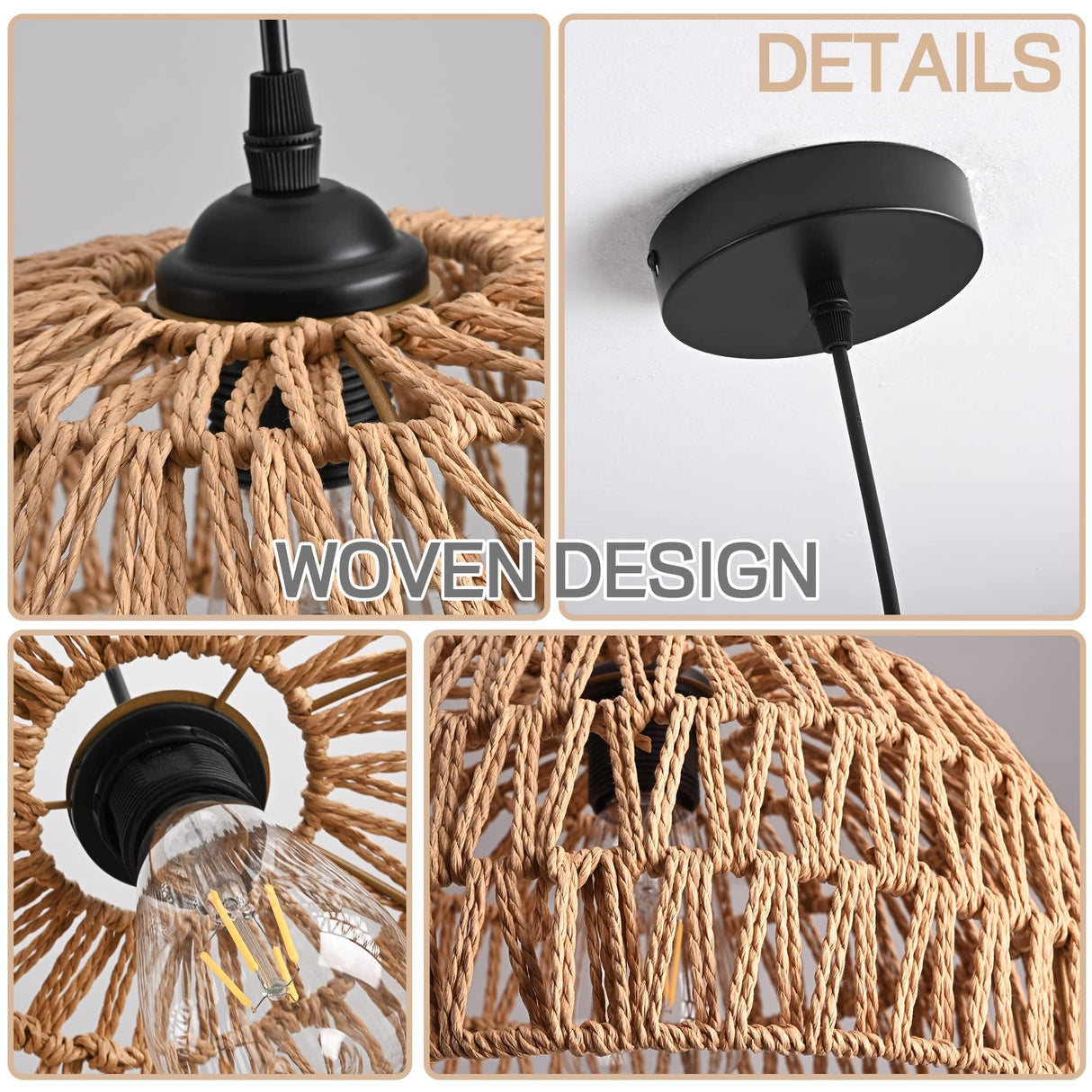AyshwillDec Hemp Rope Woven Pendant Light Woven Light Fixture Boho Chandelier Light Fixture Wicker Pendant Light Rattan Light Pendant Dome Wicker Chandelier for Dining Room Kitchen Island(Bulb Incl.) AyshwillDec