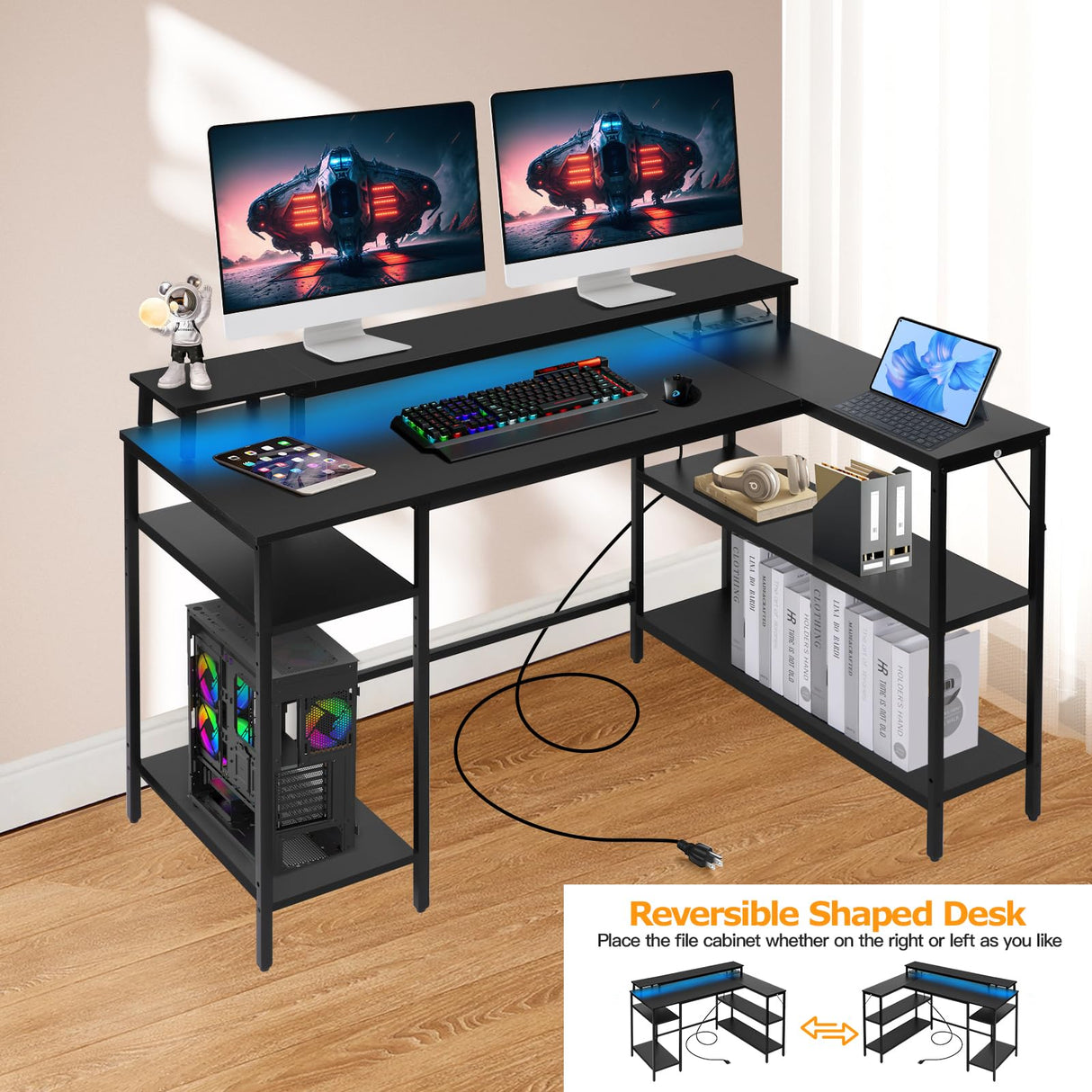 Panana L Shaped Gaming Desk with LED Lights & Power Outlets, Reversible Computer Desk with Stand & Shelves, Corner Desk Home Office Desk with USB Charging Port (Black) Panana