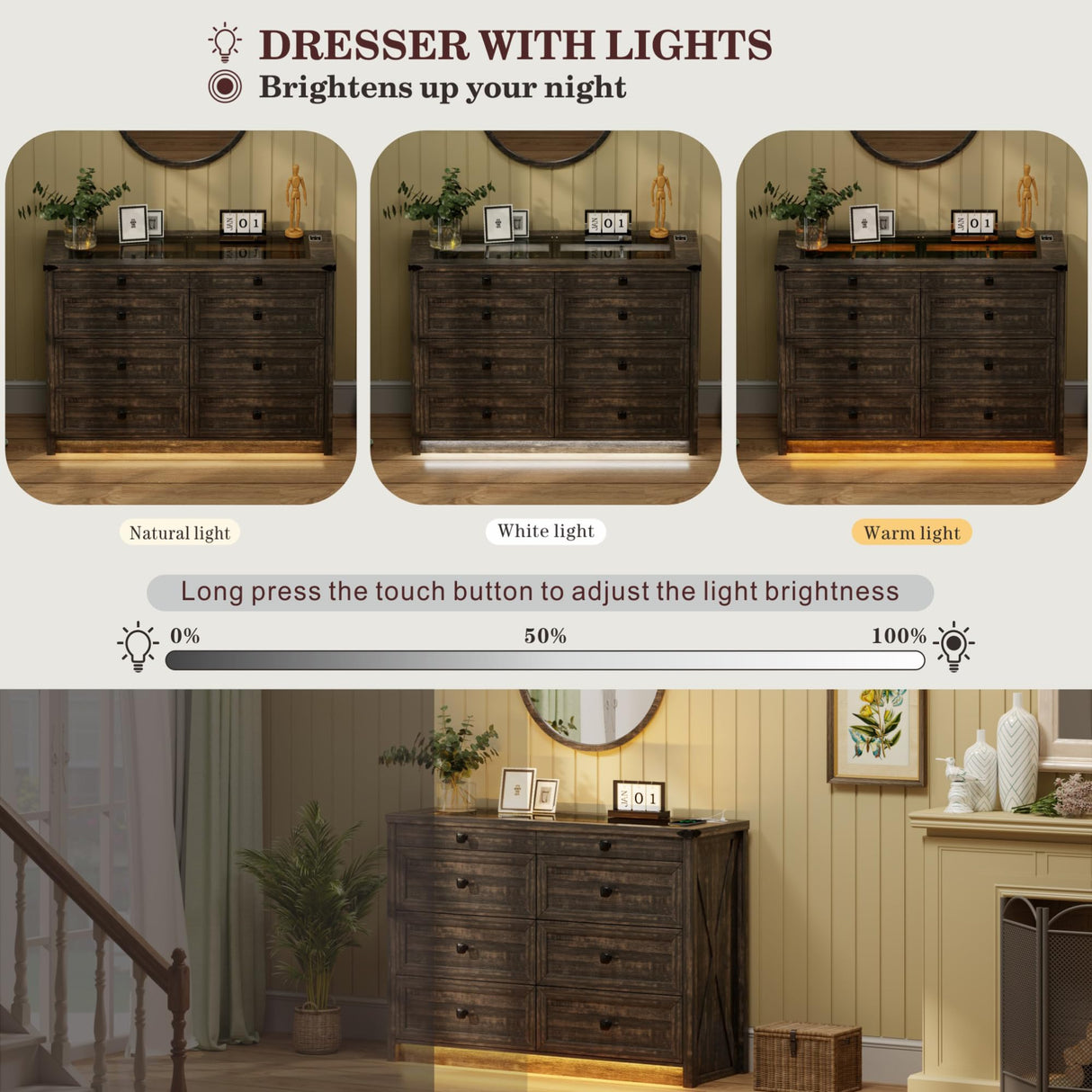FREDEES Farmhouse Dresser for Bedroom with 8 Drawers, Wood Tall Chest of Drawers with LED Light/Charging Station/Human Sensor, Dressers Organizer for Closet, Living Room, Hallway, Rustic Brown FREDEES