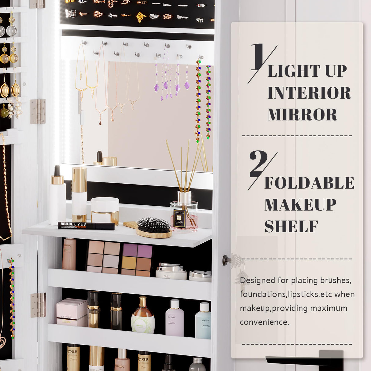 Vlsrka 47.2" LED Jewelry Mirror Cabinet, Wall/Door Mounted Jewelry Armoire Organizer with Full-Length Mirror, Large Capacity Storage Hanging Cabinet, 4 Drawers, 5 Shelves, Built-in Lighted Mirror Vlsrka