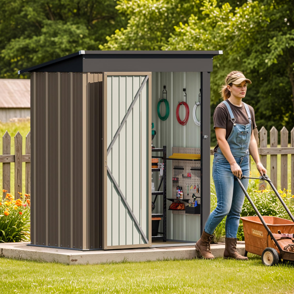 Patiolife 5x3 FT Outdoor Storage Shed, Small Tool Metal Shed with Lockable Door & Sloping Roof, Garden Shed for Backyard Patio Lawn, Brown Patiowell
