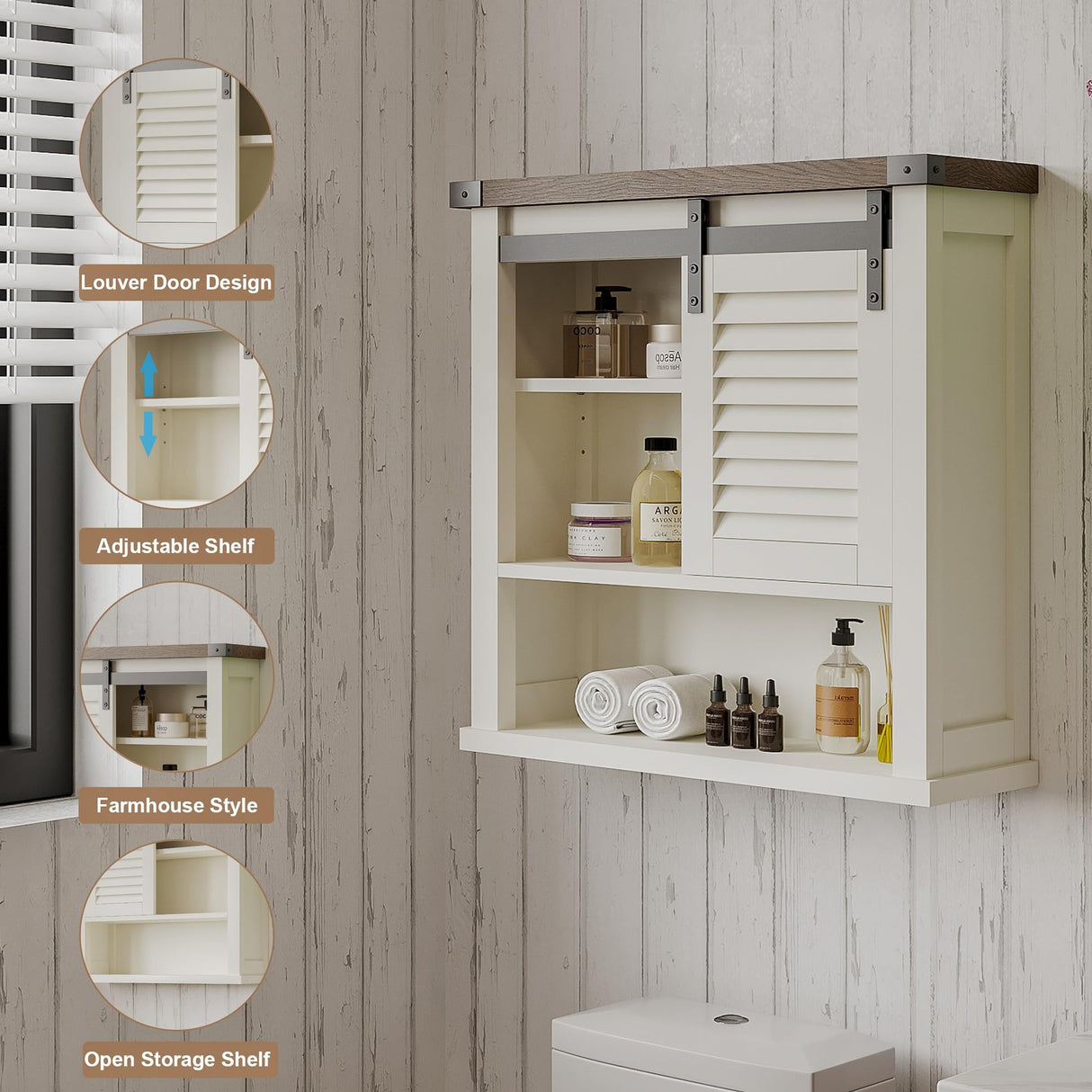 ChooChoo Bathroom Wall Cabinet, Medicine Cabinets for Bathroom with Sliding Barn Door, Decorative Farmhouse Wall Cabinet with Adjustable Shelves Space Saver, Farmhouse White ChooChoo