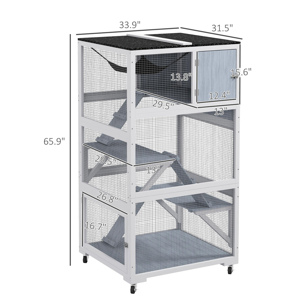 PawHut Catio, Outdoor Cat Enclosure House, Wooden Feral Cat Shelter on Wheels, Cat Cage with Hammock, Platforms Ramps, and Weather Protection Asphalt Roof, 34", Gray PawHut