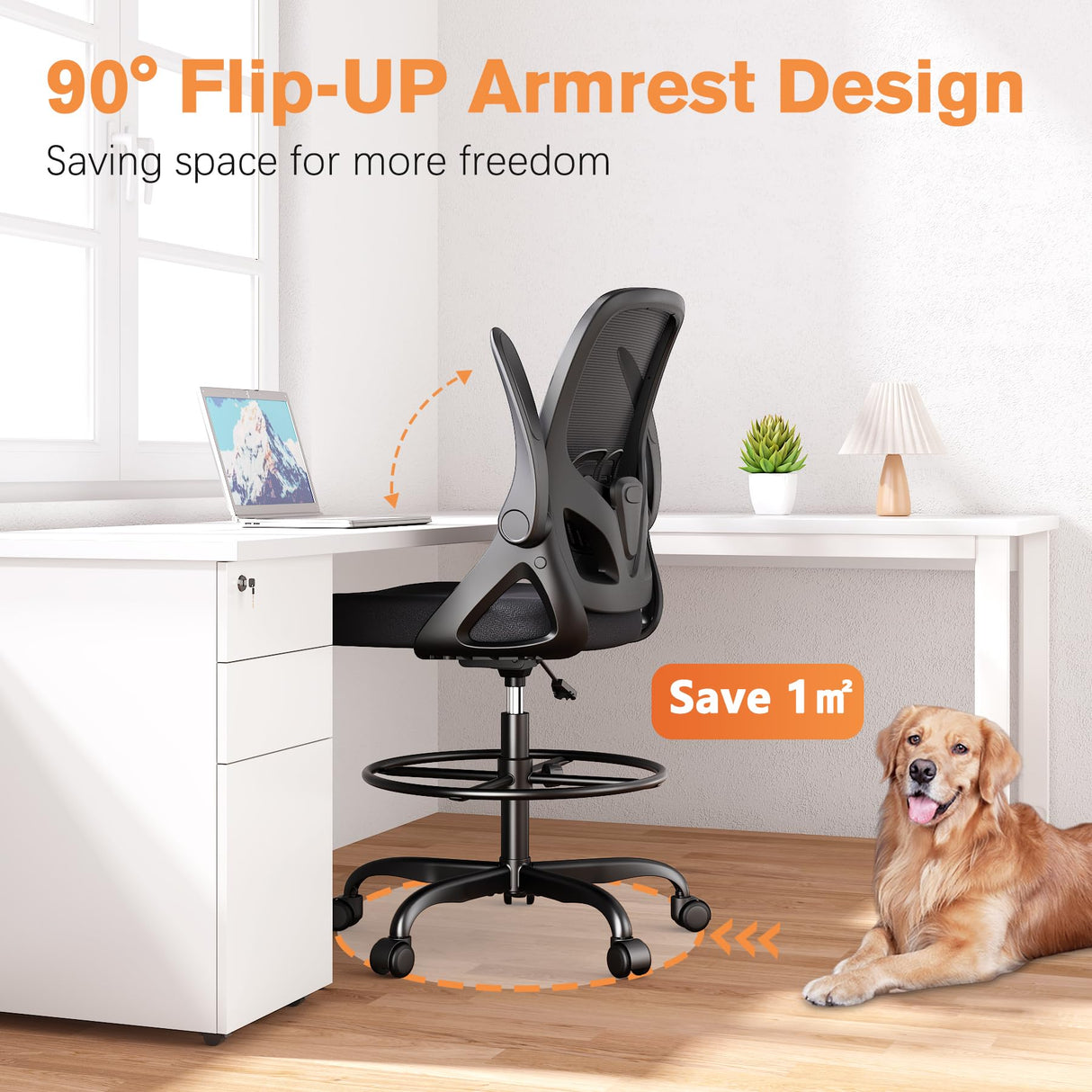 ORRSAKER Tall Drafting Chair with Lumbar Support and Footrest Ring, Supportive Tall Extended Height Ergonomic Desk Chair for Home Work, Breathable Tall Mesh Office Chair with Flip up Arms(Black) ORRSAKER