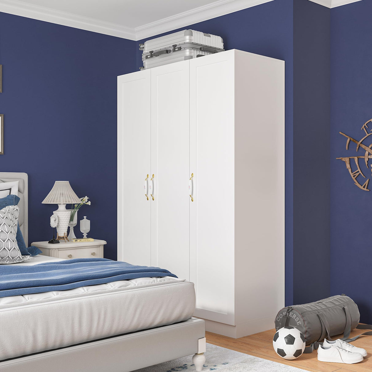 Homsee White Wardrobe Armoire Wooden Closet with 3 Doors, 5 Storage Compartments, 2 Hanging Rods & Decorative Handles for Bedroom Homsee