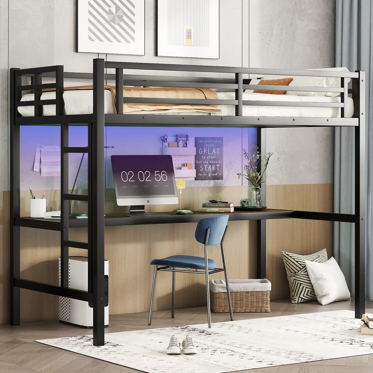 Bellemave Twin XL Size Loft Bed with Desk, Metal Twin XL Loft Bed Frame with Built-in Ladder, LED Loft Beds with Charging Station & Safety Guardrails for Kids,Teens, Adults, Black Bellemave