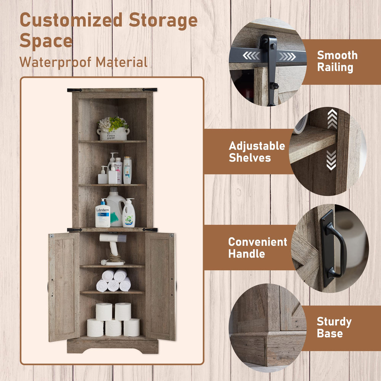 OKD Tall Corner Cabinet, Farmhouse Storage Cabinet with Barn Door Design & Adjustable Shelves, Home Space Saver for Bathroom, Living Room, Light Rustic Oak OKD