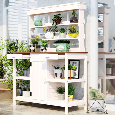 66” Large Outdoor Potting Table with 2 Drawers, Cabinet, Open Shelves, Wooden Potting Bench for Garden, Patio, Farmhouse, Backyard, Spacious Workstation (White, 66")