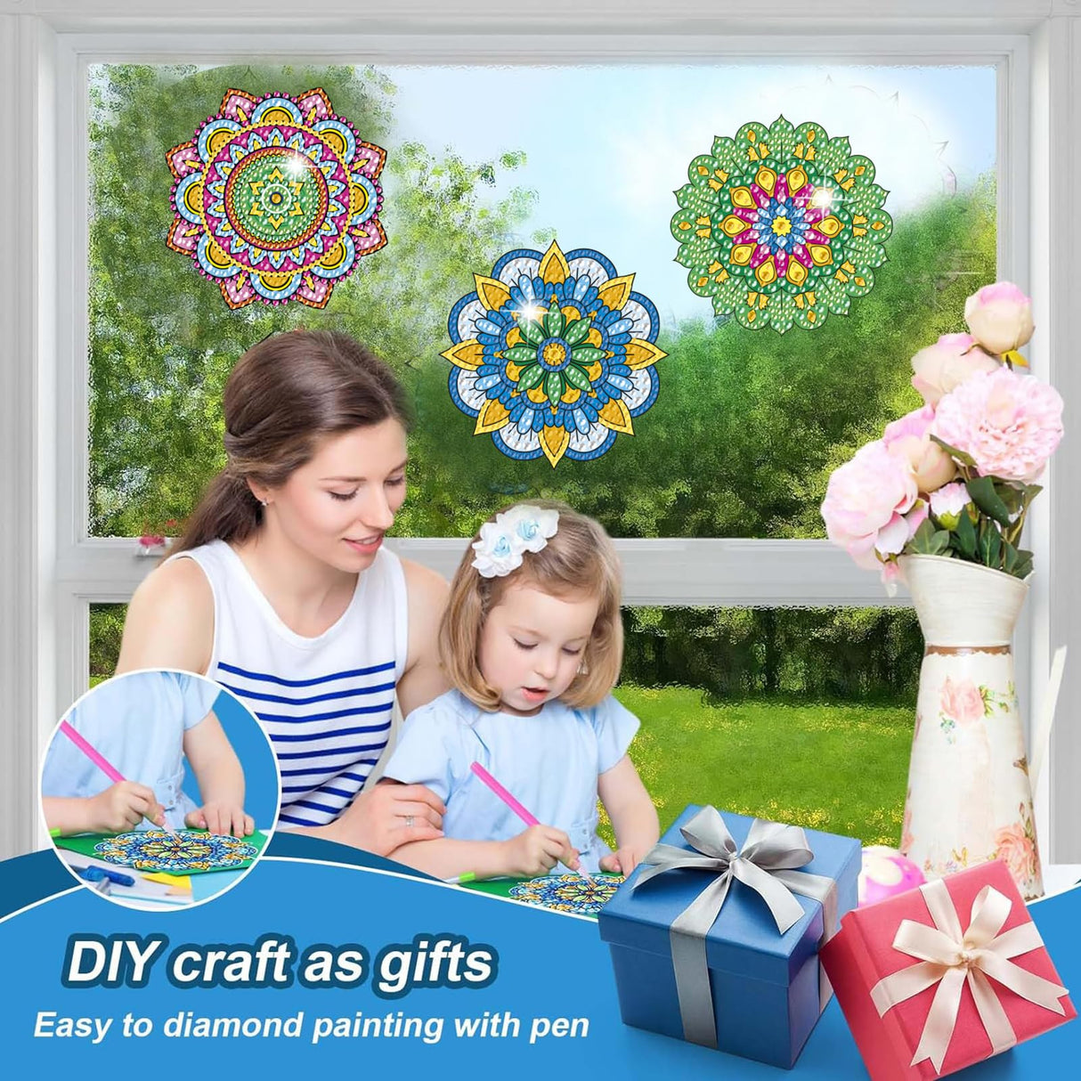 MEIEST 6 PCS Diamond Art Painting Kits for Suncatchers Mandala Art Stained Glass Window Clings, Mosaic Painting by Numbers,Window Film Static Clings 3D Decals,Art Craft Supplies (1) MEIEST