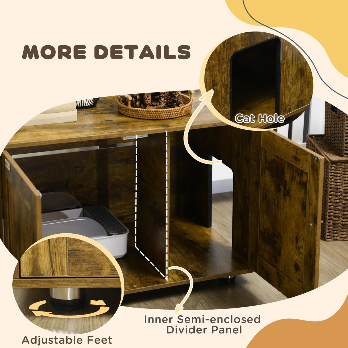 PawHut Hidden Cat Litter Box Enclosure, Cat Washroom Storage Bench Side End Table - Rustic Brown PawHut