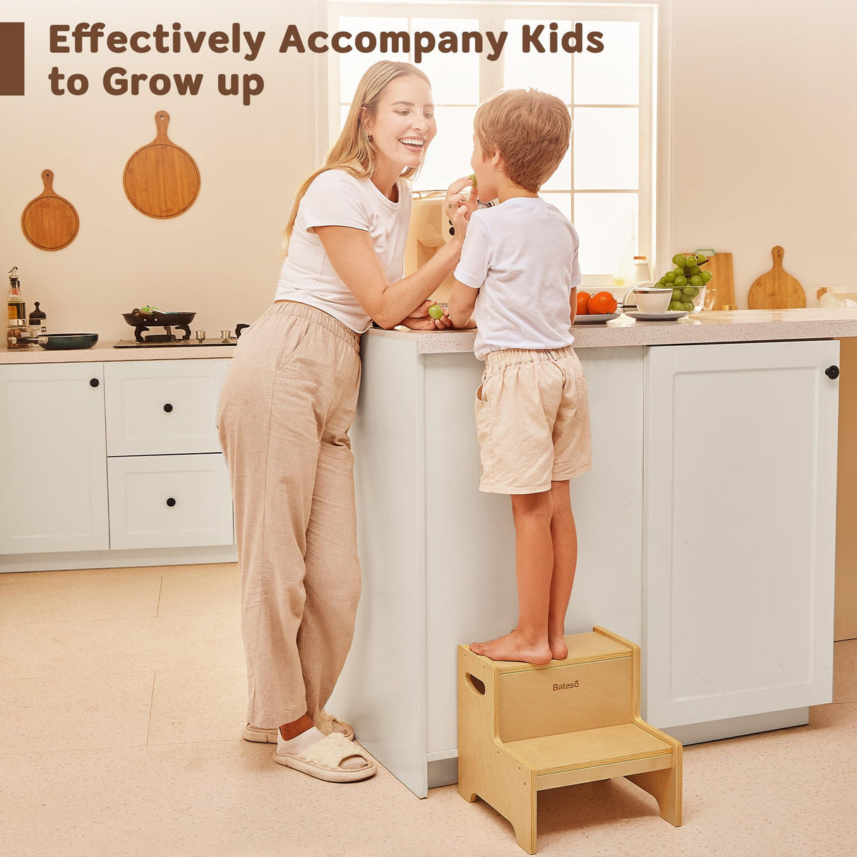 Bateso Step Stool for Kids, Wooden Toddler Step Stool for Bathroom Sink with Safety Anti-Slip Mat and Strip, Assembly Easily, Sturdy Kid Step Stool for Brushing Teeth, Kitchen, Toilet Potty Training Bateso