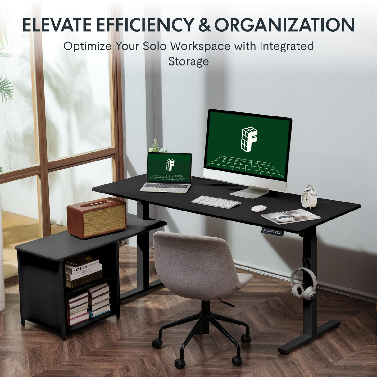 FLEXISPOT 63'' L Shaped Standing Desk with Drawers, Adjustable Height Desk with Shelves, Large Corner Stand Up Desk with Headphone Hooks for Home Office, Black Top+ Black Frame FLEXISPOT