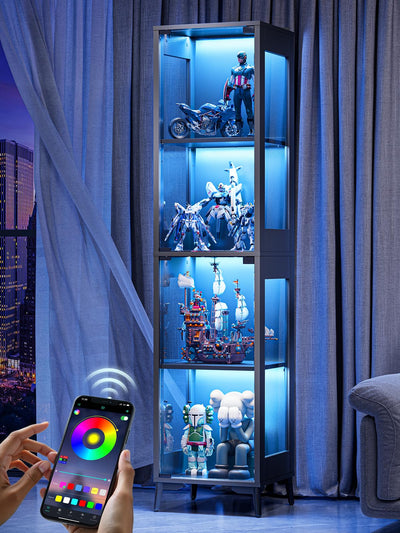 Glass Display Cabinet with Single Door, 4-Tier Display Case with Adjustable Shelves, RGB LED Lights with App & Remote Control, Metal Base Curio Storage Cabinet for Collectibles, Books, Living Room