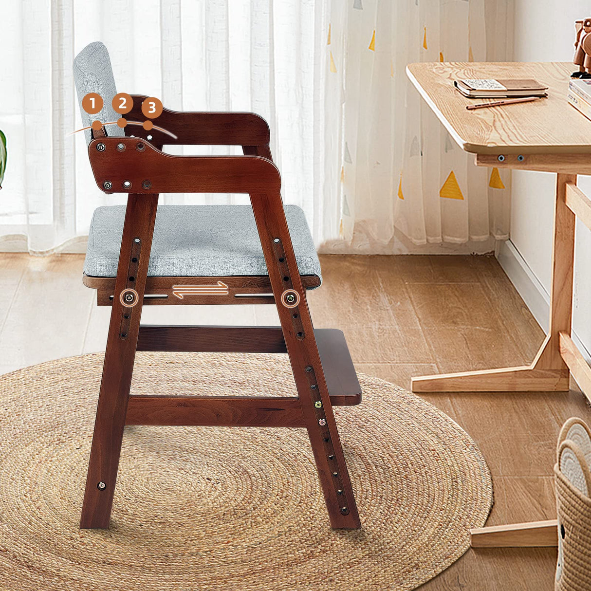 Ezebaby Wooden High Chair for Toddlers to Teens, Adjustable Kids Study Chair with Steps, Kids Dining Chair with Removable Cushion (Nut-Brown) Ezebaby