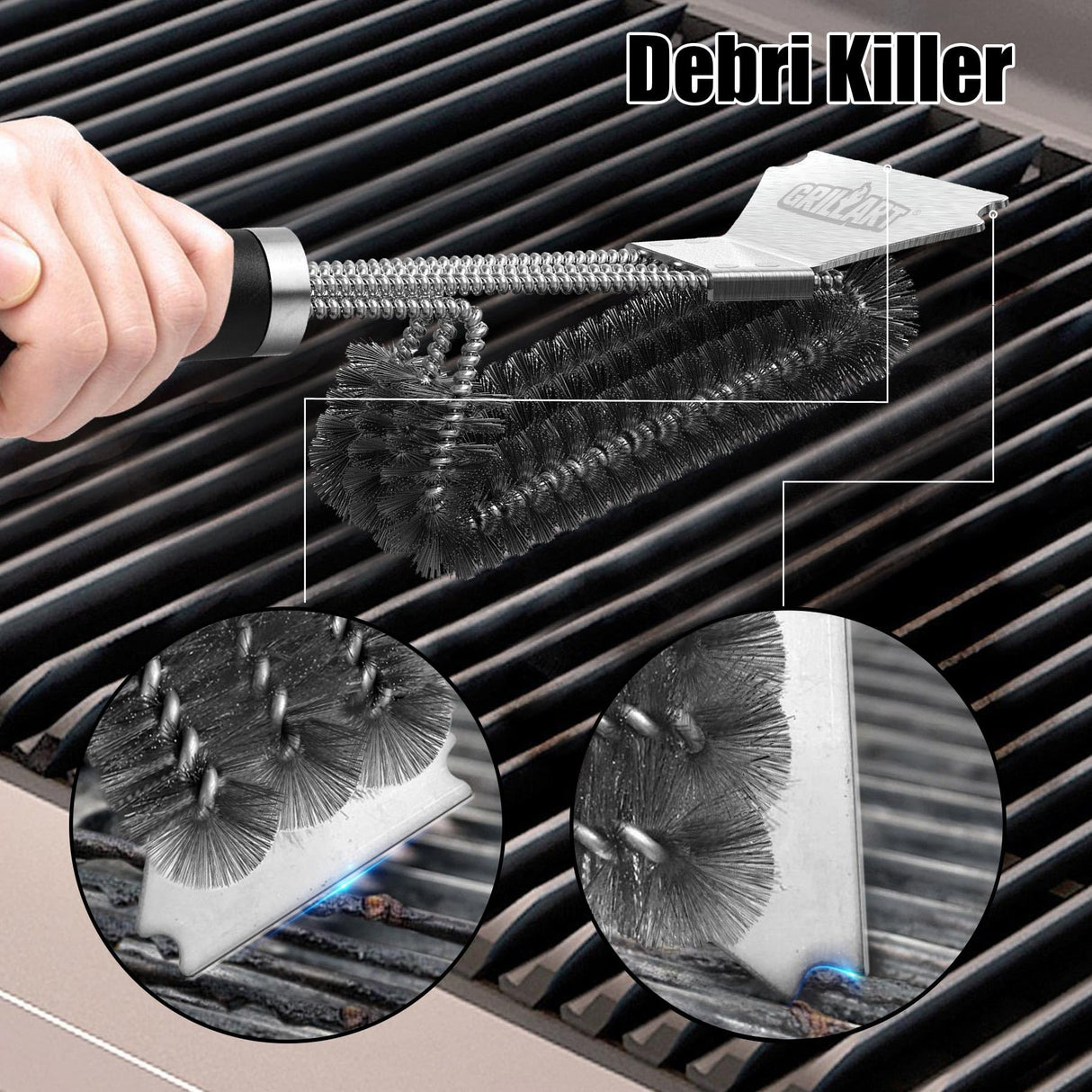GRILLART Grill Brush and Scraper BBQ Brush for Grill, Safe 18" Stainless Steel Woven Wire 3 in 1 Bristles Grill Cleaning Brush, BR-4516 GRILLART
