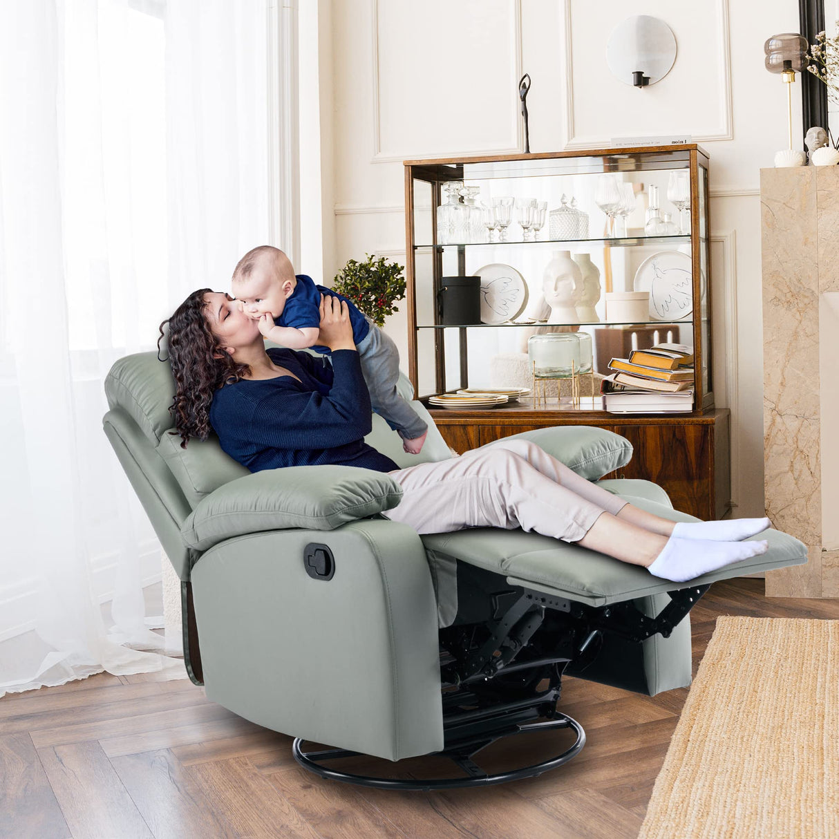 GNMLP2020 Swivel Rocker Recliner Chair for Adults, Rocking Recliner Chair, Manual Small Recliners for Small Spaces, Single Sofa Recliner for Living Room, RV, Green GNMLP2020