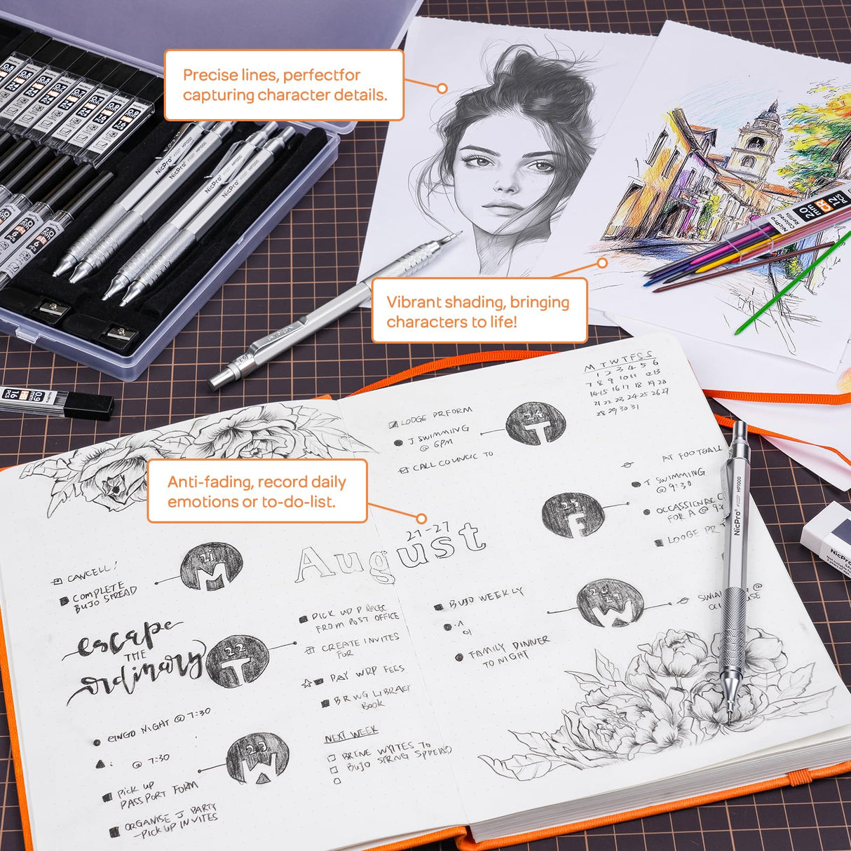 Nicpro 22PCS Metal Mechanical Pencil Set in Case, Art Drafting Pencil 0.5, 0.7, 0.9 mm & 2 PCS 2mm Mechanical Drawing Pencils with 396PCS Leads (4B 2B HB 2H Colored) for Drawing Writing Sketching Nicpro