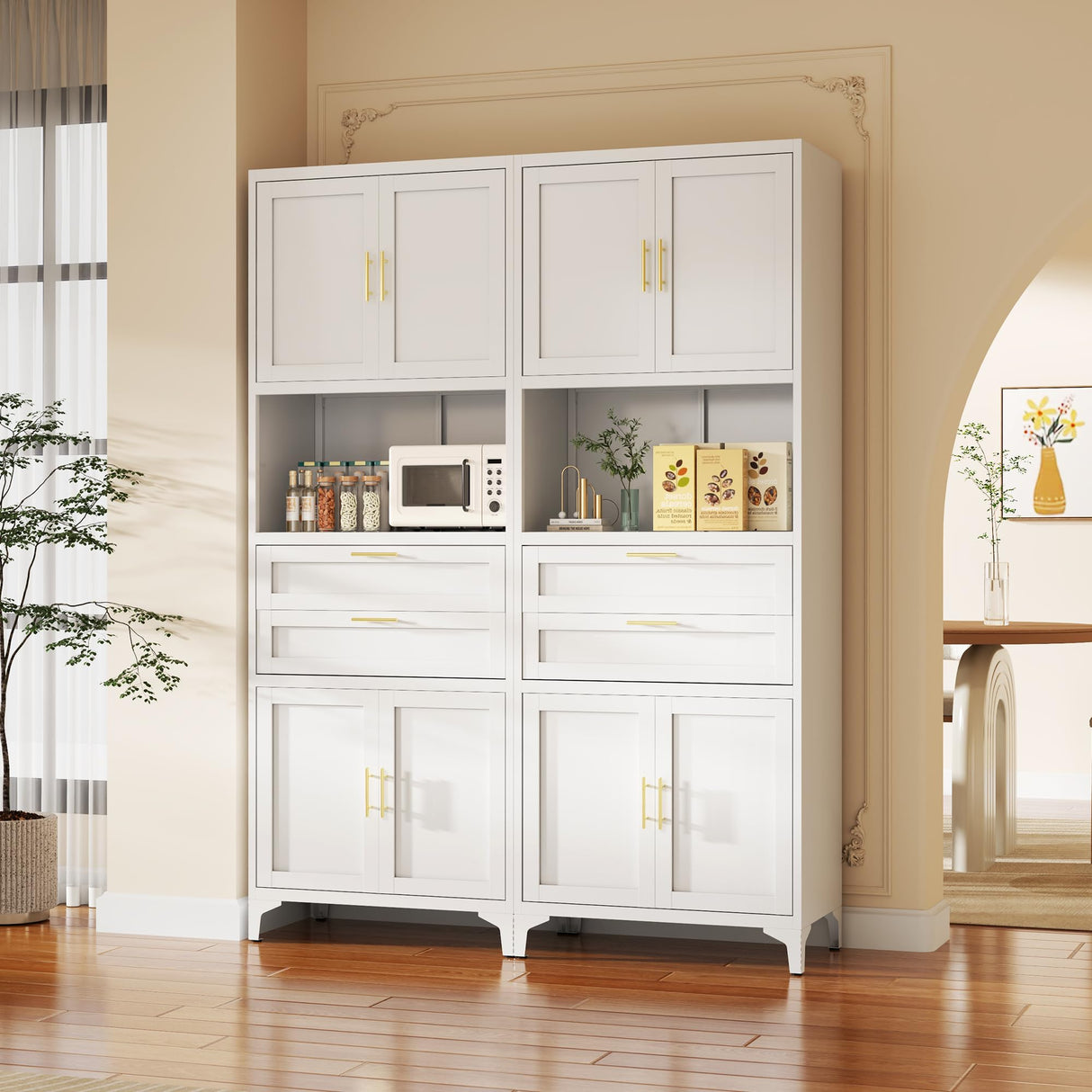 InaryLof 74.8"H Kitchen Storage Cabinet with 4 Doors and 2 Drawers, Open Countertop and Adjustable Tiers for Bathroom Storage,Tall Metal Cabinet For Kitchen, Dining Room, Living Room, Bathroom (White) InaryLof