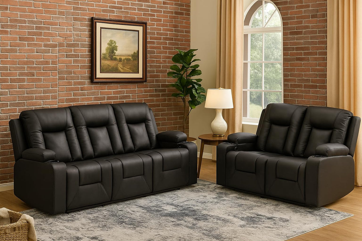 LUCKLIFE Leather Recliner Sofa Set with Manual Recliners,Living Room Furniture Set with Reclining Couch,Loveseat and Armchair,Living Room Chair with Cup Holders,Black (3+2) LUCKLIFE
