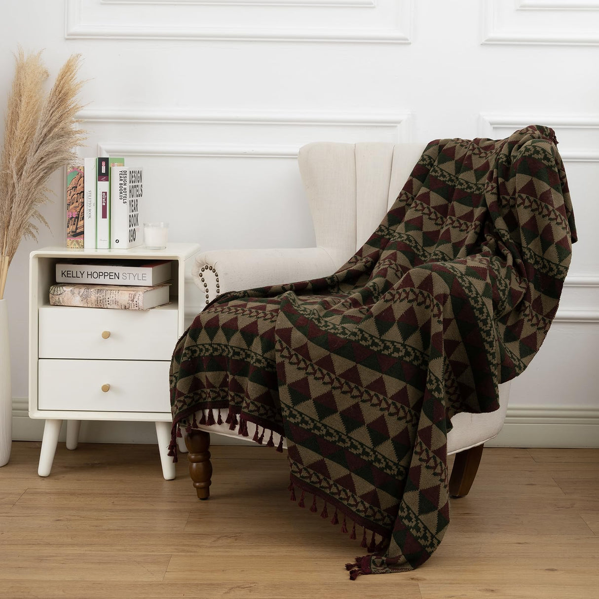 Gealaek Boho Throw Blanket Lightweight Soft Cozy Decorative Blankets for Sofa Bed Farmhouse Throw Blanket Aztec Blanket with Tassel Khaki Olive Wine Checkered 50" x 60" Gealaek