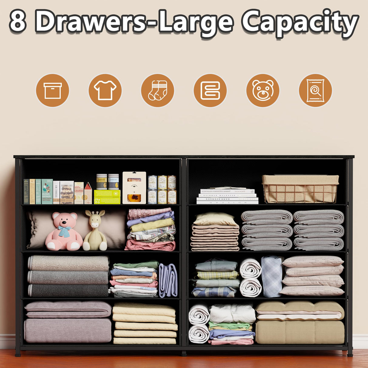 Furnulem Wide Dresser with 8 Fabric Drawers, TV Entertainment Center with Storage for 55'' TV, Large Chest of Drawers for Bedroom, Living Room, Dorm, Closet, Entryway, Wood Top (Black Oak) Furnulem