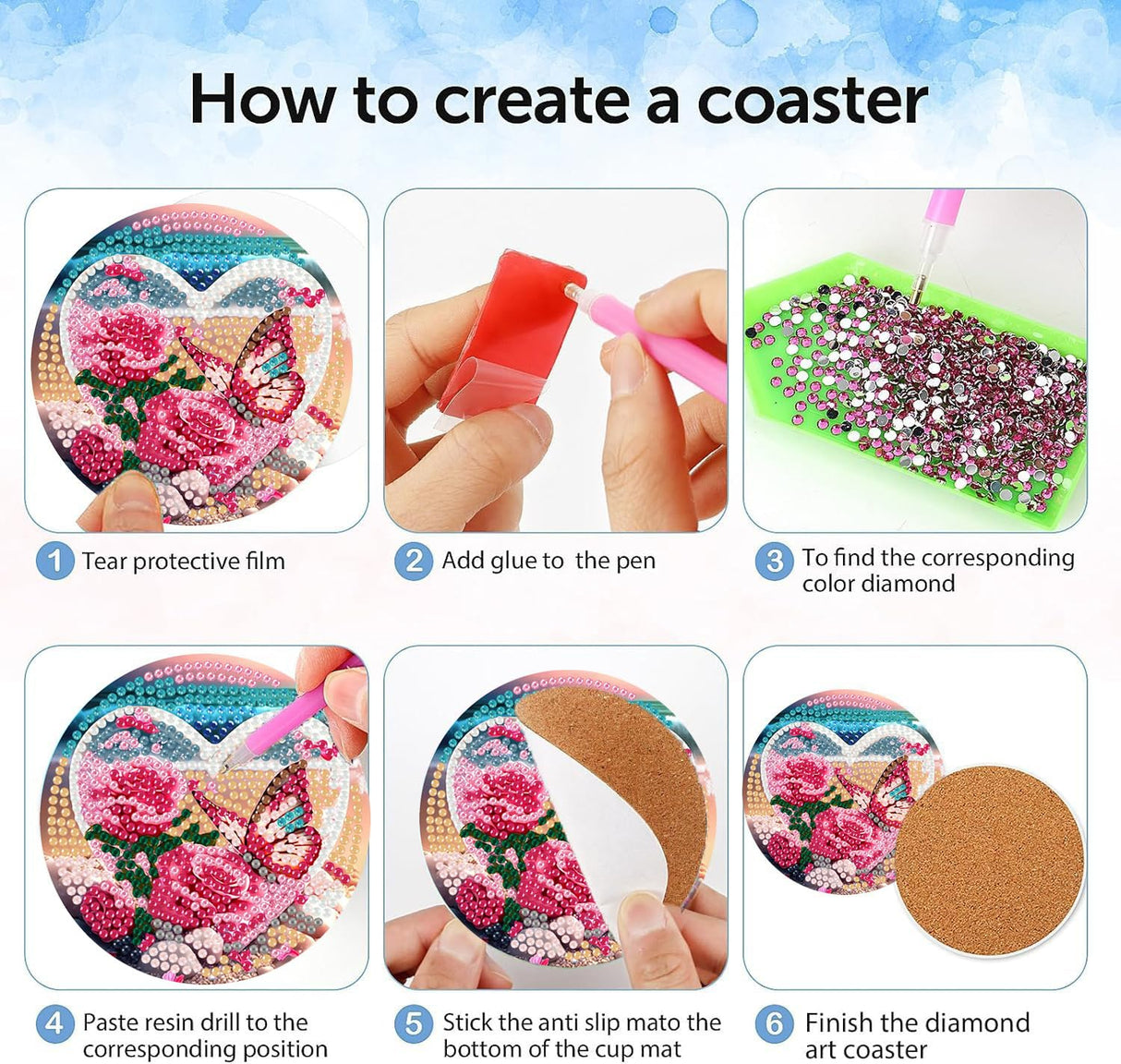 igoodom 8 Pcs Beach Diamond Art Coasters Kit with Holder, DIY Beach Diamond Painting Coasters for Beginners Adults, Non Slip Diamond Art Kits Craft Supplies 4x4inch igoodom