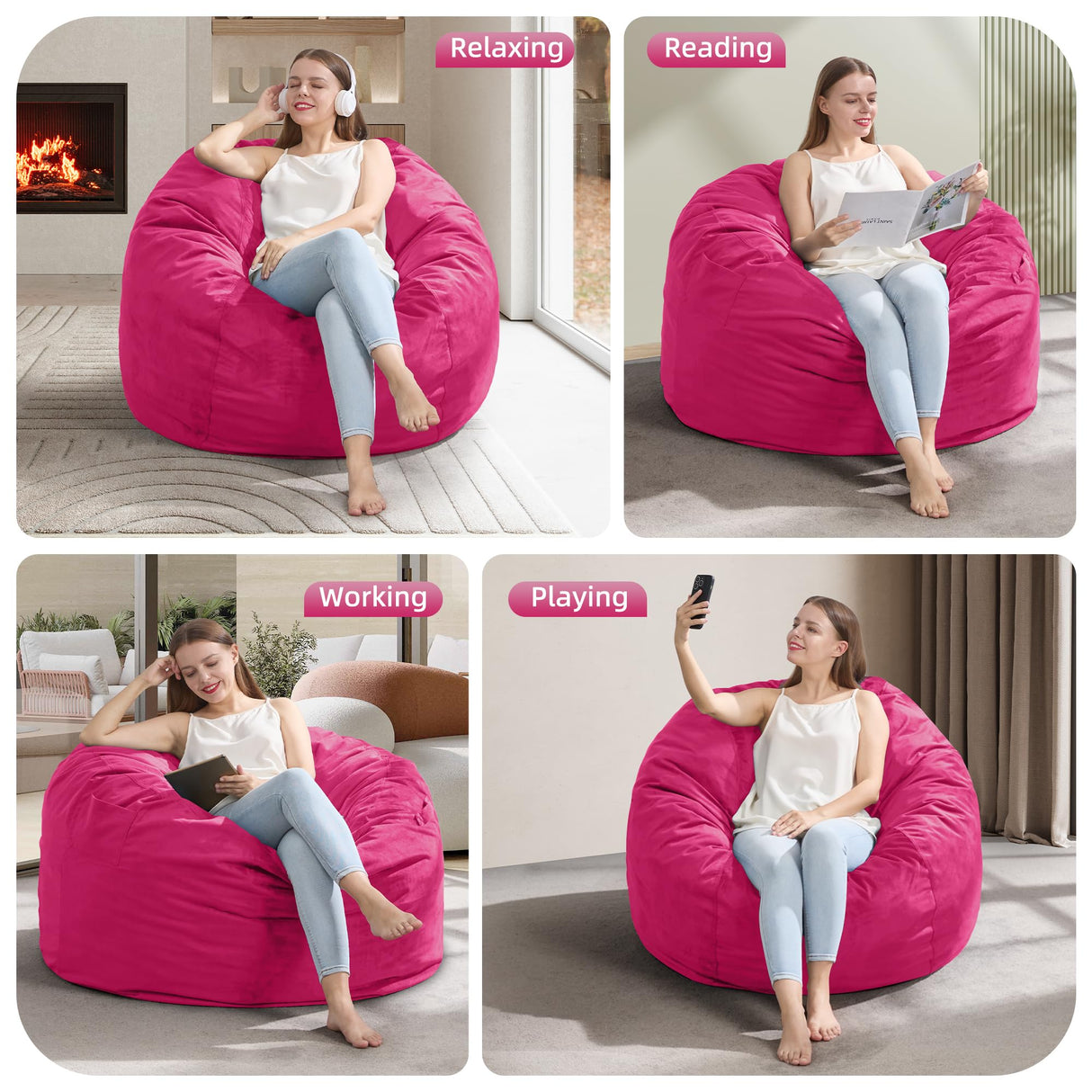 3FT Bean Bag Chair Bean Bag Chairs for Adults Giant Bean Chairs with Velvet Cover, Memory Foam BeanBag Chair Fluffy BeanBag Chairs for Living Room, Bedroom - Pink (36" x 36" x 22") Hobestluk