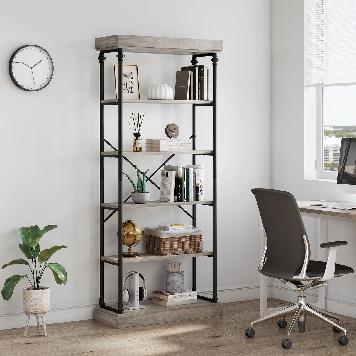 IDEALHOUSE Rustic 6-Tier Industrial Bookshelf with Metal Frame - Elegant Grey Storage Rack for Home and Office IDEALHOUSE