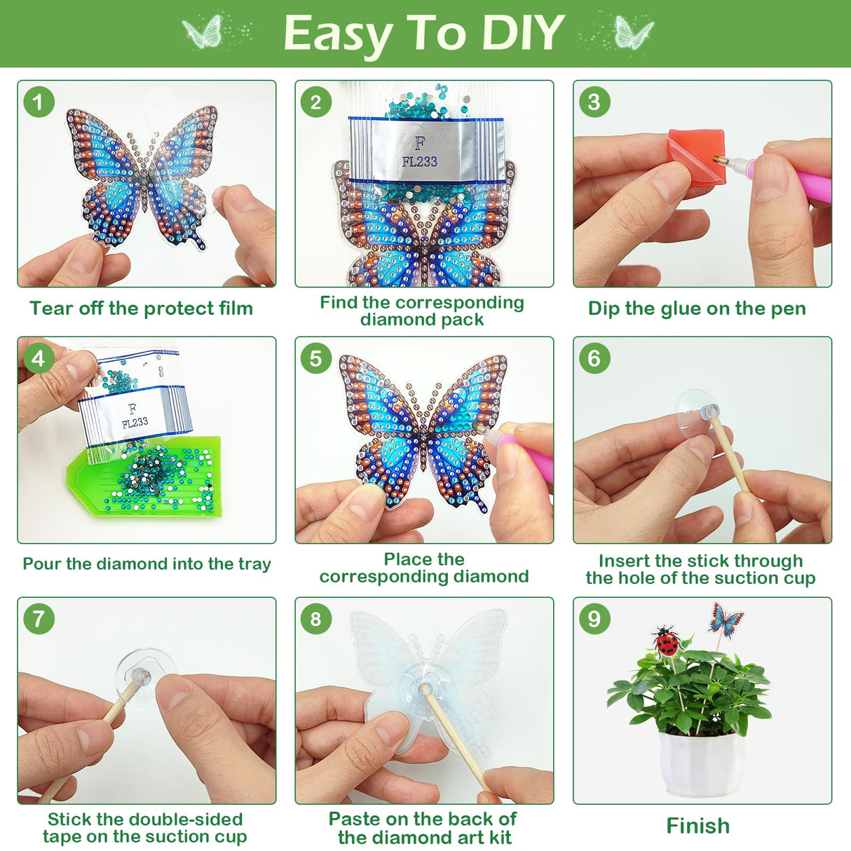 10Pcs Diamond Painting Kit Diamond Art Kits for Adults for Garden Decor with Butterfly, Hummingbird, Bee, Ladybug, Dragonfly,Dimond Art Paintings Arts and Crafts for Adults Gem Art for Yard Decoration NANZHOO