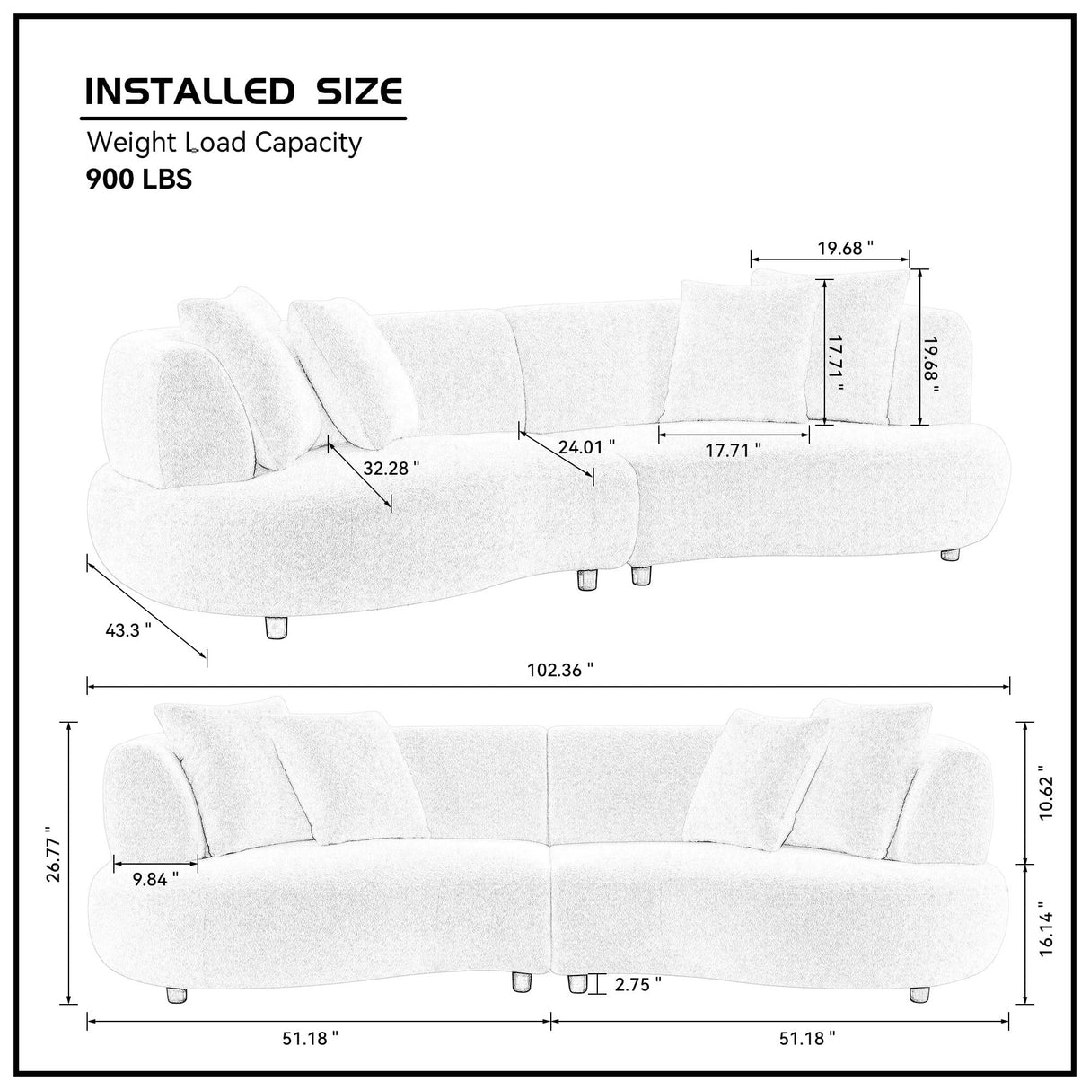 KEIKI 102" Curved Oversized Boucle Modular Sectional Sofa with 4 Throw Pillows, Mid-Century 4-Seater Upholstered Corner Plush Comfy Couch, Easy Assembly, for Apartment, Living Room, White KEIKI