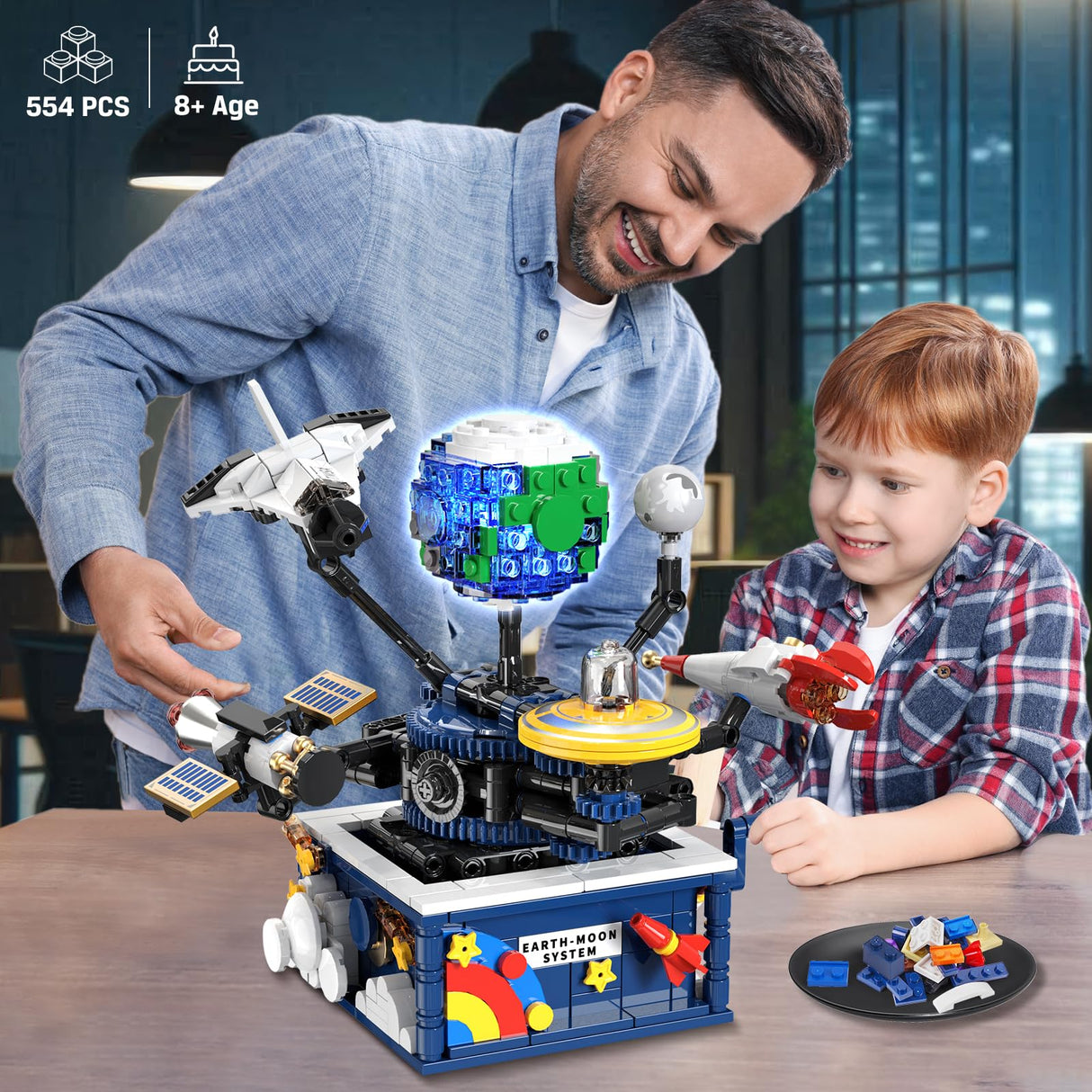 CUBIMANA Planet Rotatable Space Sets with Light - Earth & Moon Space Exploration Building Toys with Shuttle Spaceship Science Kits Building Blocks Gifts for Kids Age 8+ Years Old Boys Girls(554 PCS) CUBIMANA