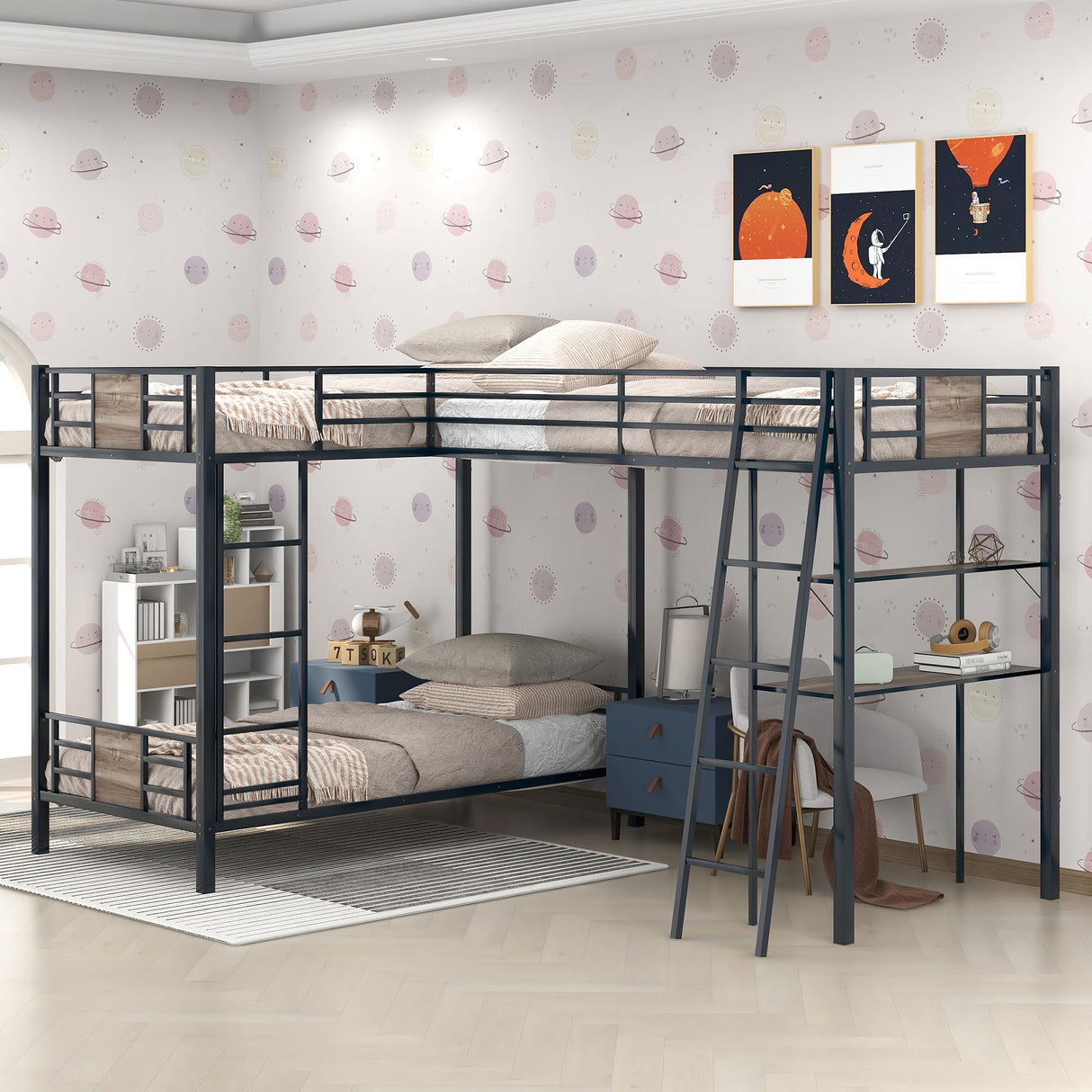 Twin over Twin Bunk Bed with Twin Size Loft Bed, Heavy Duty Metal L-Shaped Bunk Bed with Built-in Desk and Shelf for 3 People, 3 in 1 Multi Functional Space-Saving Bedframe with Guardrail, Black FAROUCHE