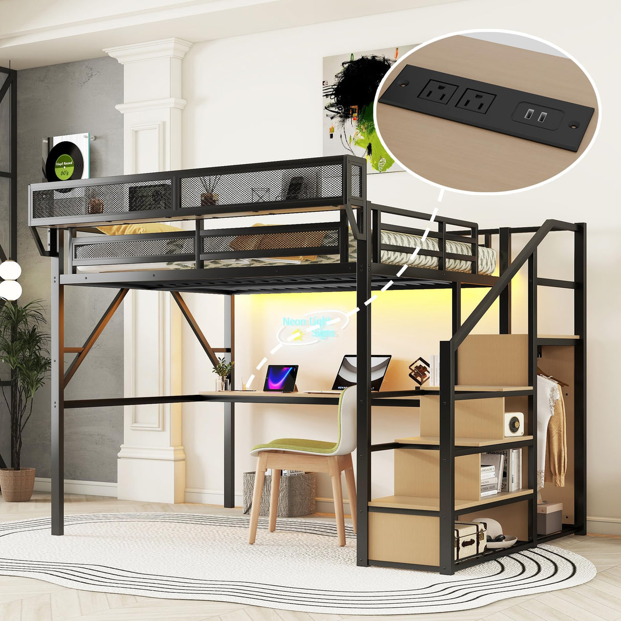 KEIKI Queen Loft Bed with Desk, USB Charging Station, Stairs, and Built-in Storage Shelves for Kids & Teens, Black KEIKI