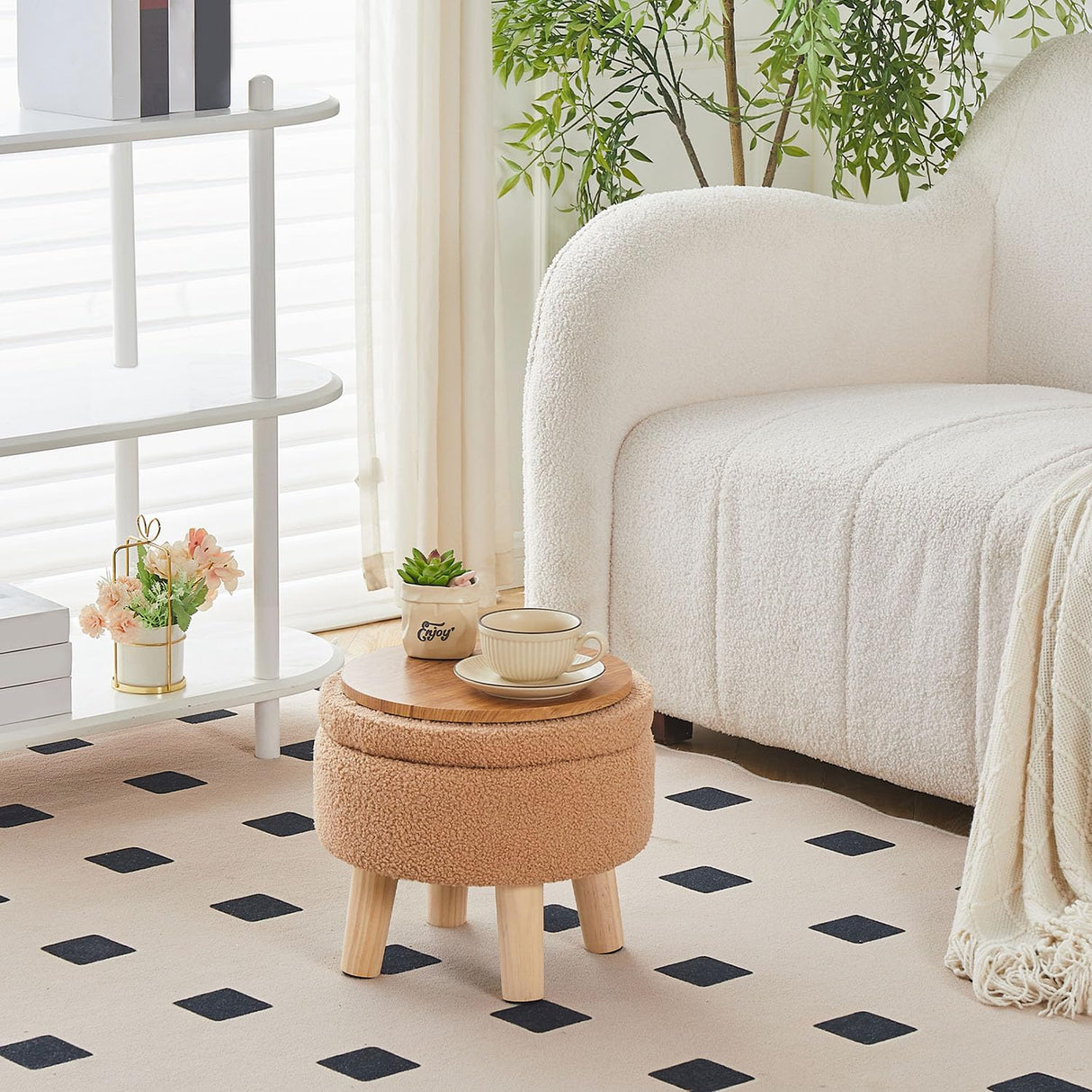 Wimarsbon Storage Ottoman, Modern Round Footrest with Soft Padded Seat, Teddy Velvet Footstool with Wood Legs, Accent Small Table or Plant Stand for Hallway, Living Room (Champagne) Wimarsbon