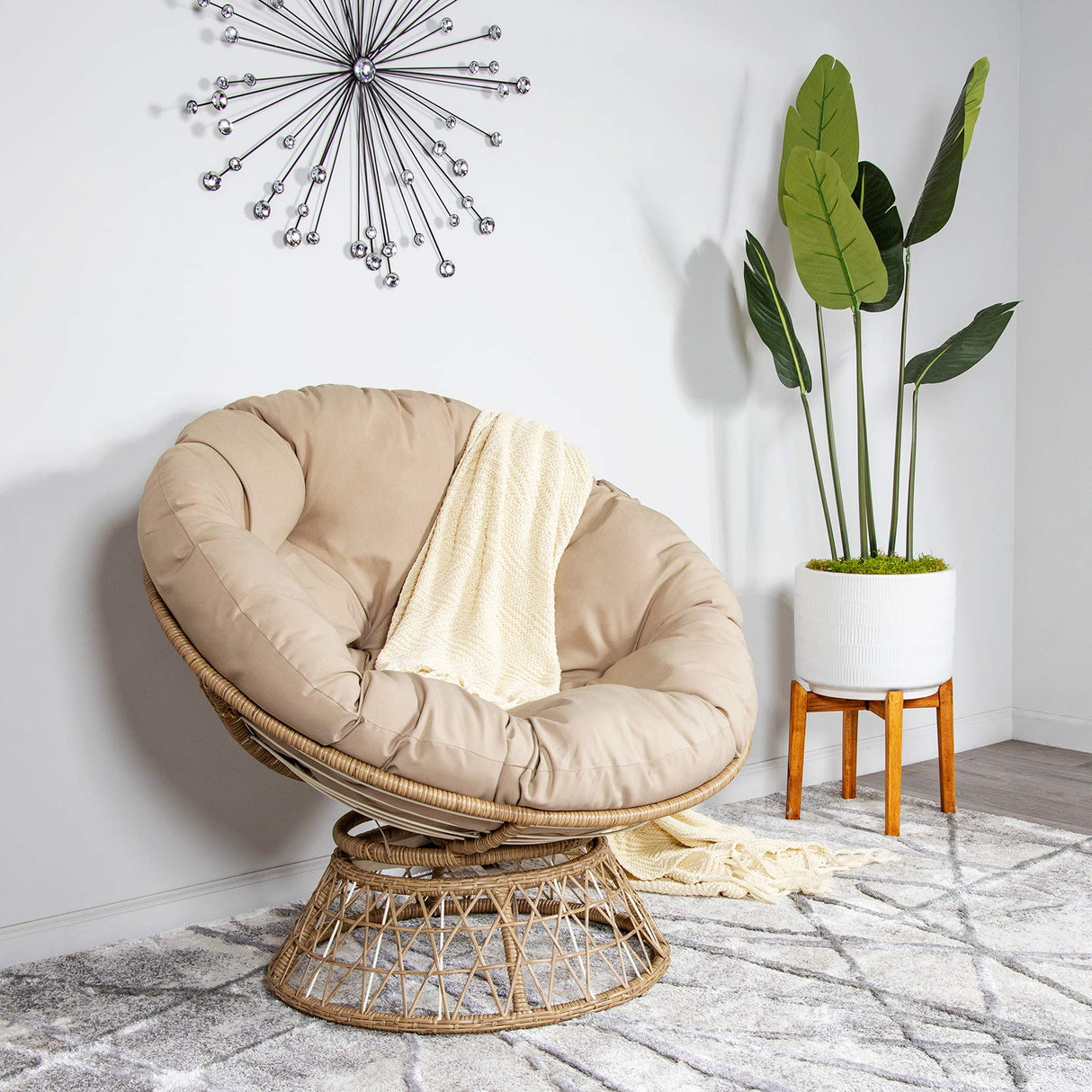 Milliard Wicker Papasan Chair with 360-degree Swivel, Tan Cushion and Natural Color Frame. Indoor and Outdoor Use Milliard