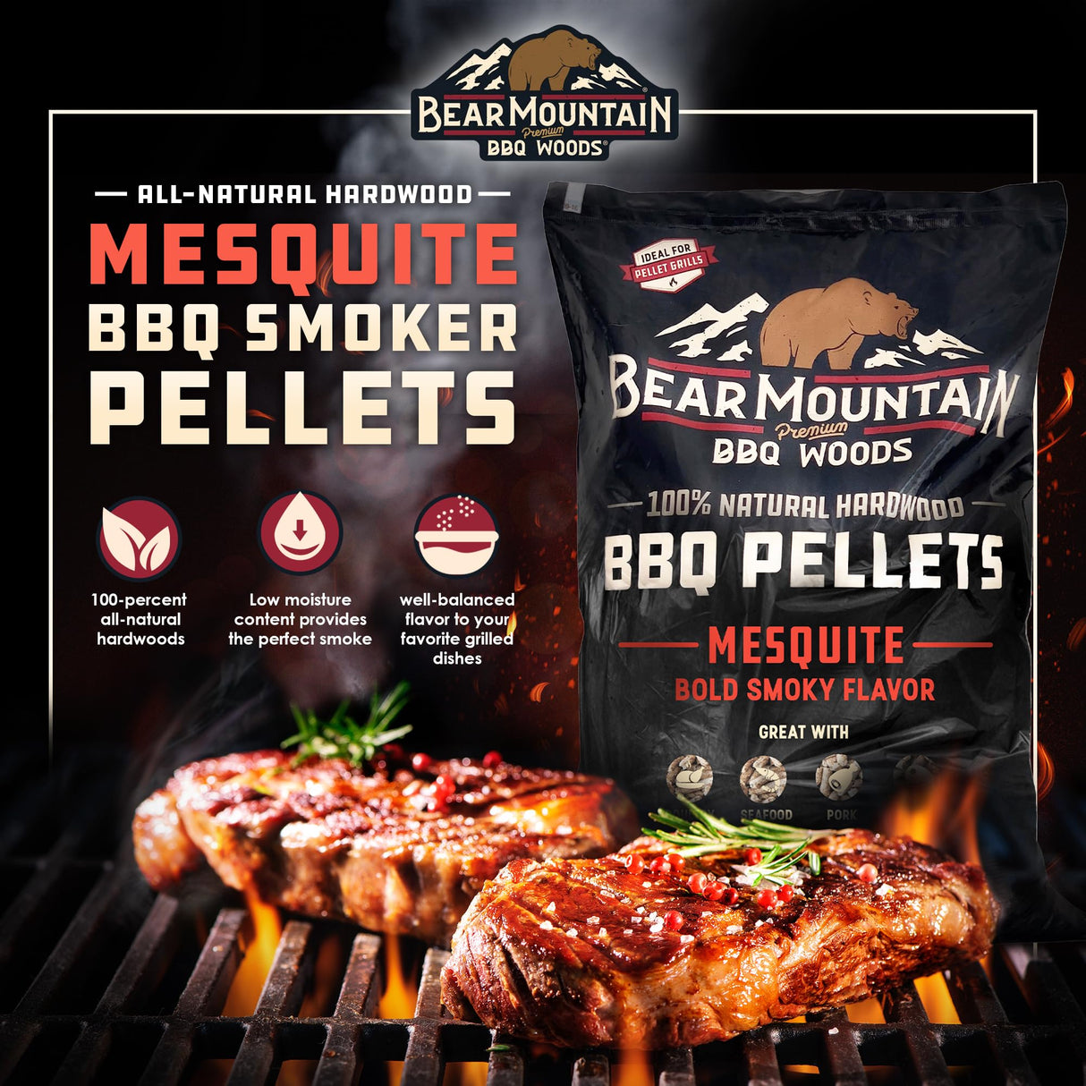 Bear Mountain All Natural Wood Pellets for Smoker, Grill & BBQ, 40 Lbs, Mesquite Bear Mountain Premium BBQ Woods