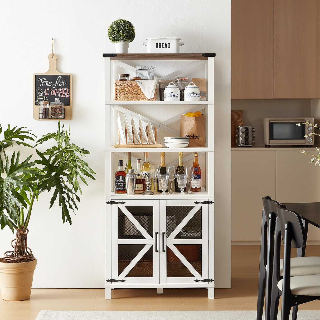 Joaxswe 5 Tier Bookshelf 70" Tall Bookcase with Barn Doors,Large Farmhouse Display Book Shelf with Adjustable Shelves and Storage Cabinet,Library Wood Bookshelves for Living Room,Kitchen,Rustic White Joaxswe